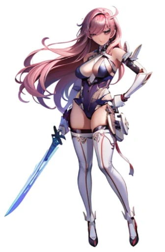 (((Best Quality))) , ((full body)), An adult female, white background, gauntlets, leotard, body stocking, (cropped shoulders), sword, holding sword, gloves, green, violet, white, pink, stand posture,