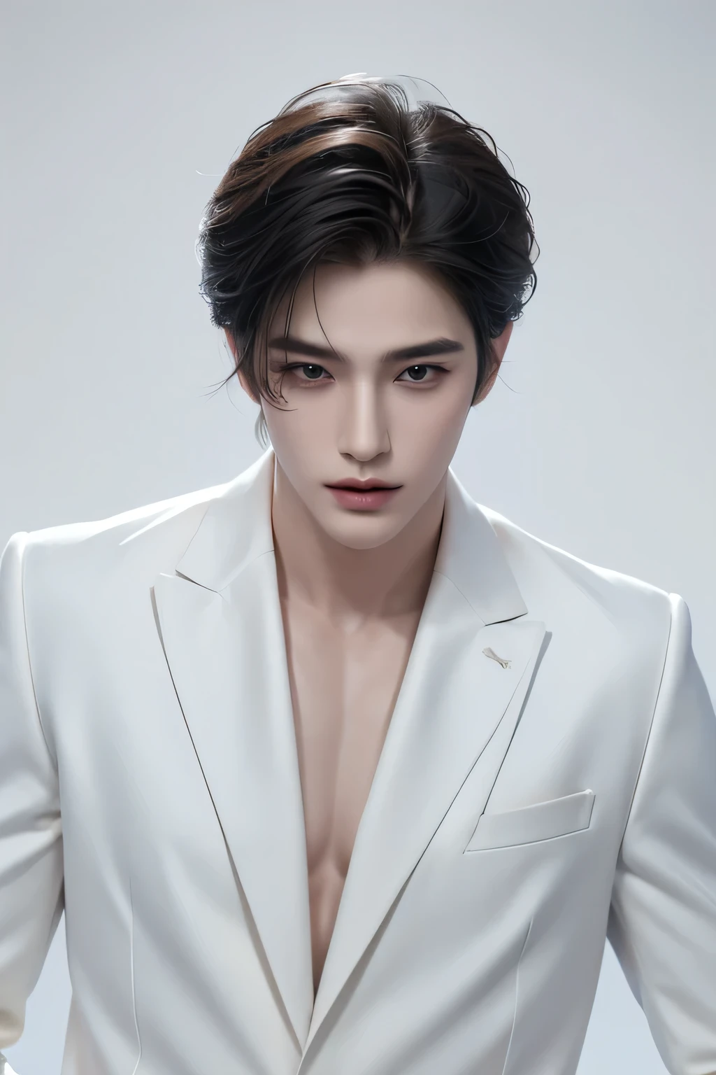 ((best quality)), ((masterpiece)), (detailed), perfect face、genuine、One Korean boy、Handsome like an idol、host、Upper body、white background、Saint Laurent Suit、Black luxury suit、S class handsome guy、A slightly open mouth、white skin、Face with makeup、Super handsome、Center parted medium length hair、silver hair、Beautiful, well-groomed hair、sexy look、other poses、