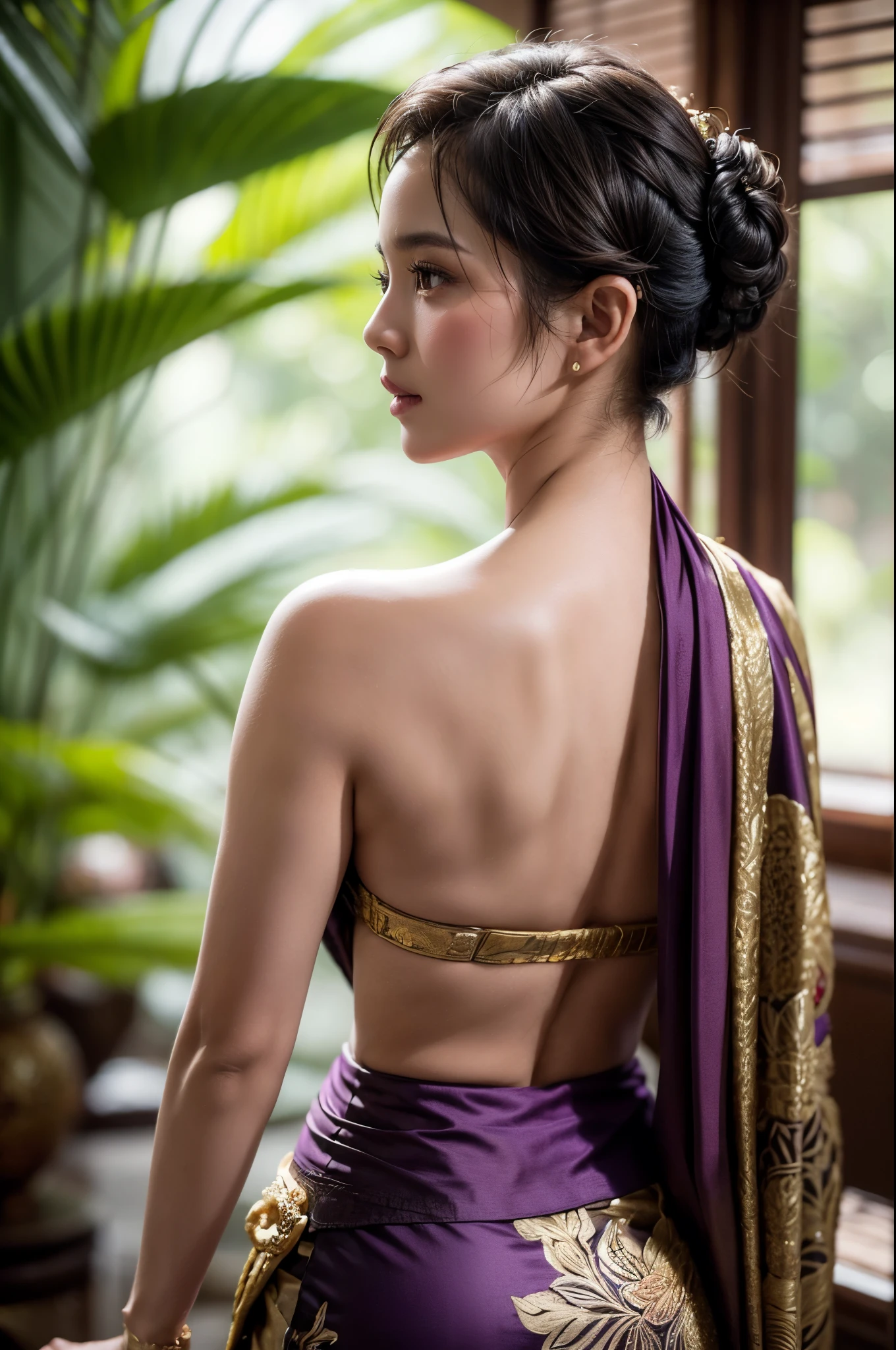 A cinematic silhouette of an Indonesian girl with short hair posing with her back turned and facing the camera wearing authentic, sexy Balinese traditional clothing, the top is slightly open and there is a brown and purple shawl, the place is in a living room and behind it there are aesthetic plants. the photo is very detailed