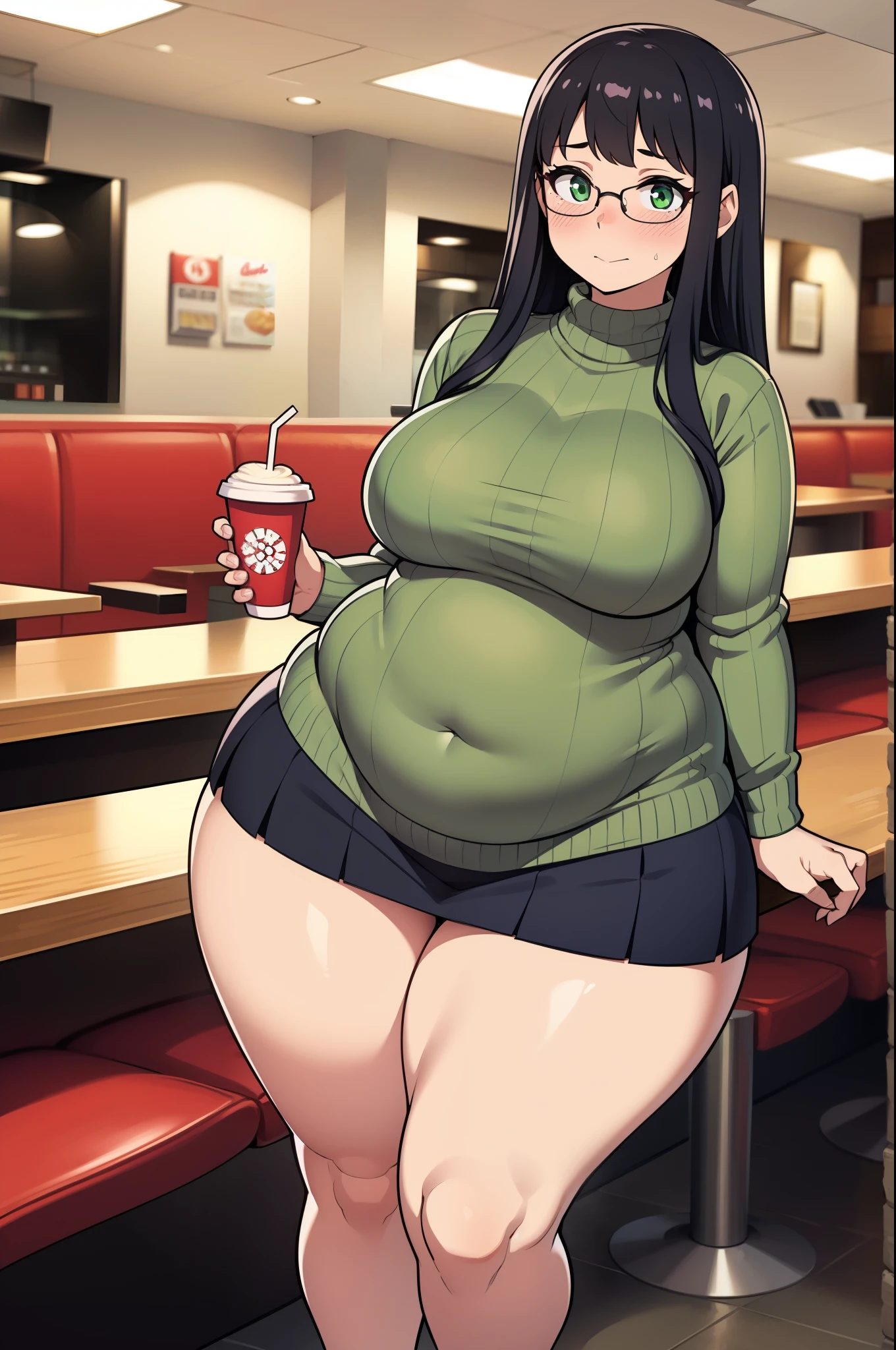 ((Masterpiece)), perfect anatomy, perfect shading, field of depth, (best quality), extremely delicate and beautiful, perfect lighting, detailed face, ultra cute face, cute, ((1girl)), ((solo))

long fluffy black hair, glasses, green eyes, ((blush)), nervous, looking at viewer, sweater, short skirt, medium breasts, ((thick thighs)), (wide hips), ((plump)), chubby belly,

intricate background, detailed background, fast food restaurant,
