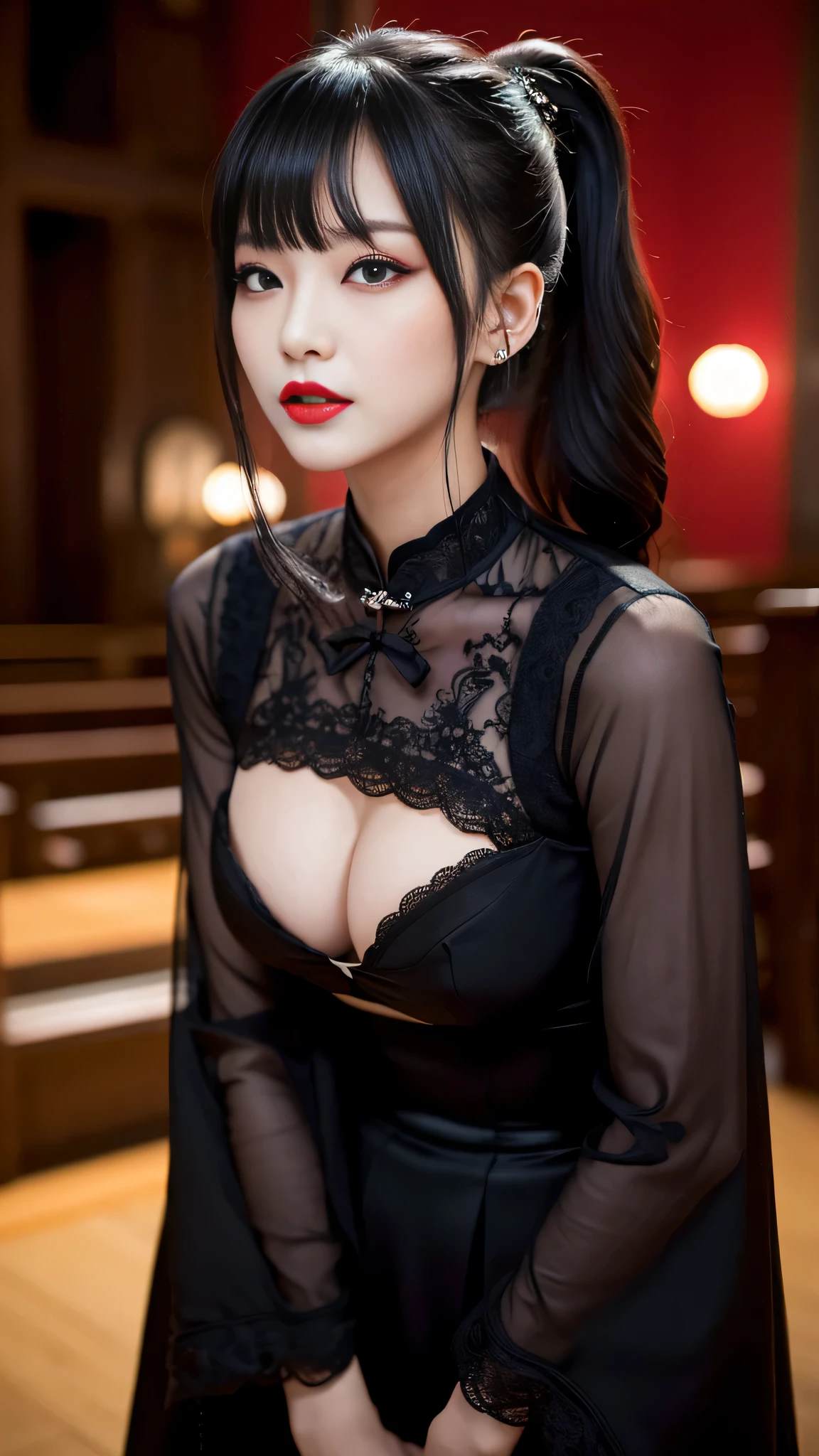tra-detailed、Japanese、attractive beauty、seductive adult woman、pretty woman、piercing eyes、cool girl、short ponytail、wavy hair、swept bangs、Long Black Cheongsam、wide sleeves、Evil cadres、evil depravity、brainwash、mind control、lipstick、lip gloss、dark makeup、smirk、whisper in your ear、Evil expression、evil、hollow eyes,half-closed eyes、empty eyes、evil、church at night、vampire、succubus、vampire、Swear allegiance、sexy pose、hair ornaments、