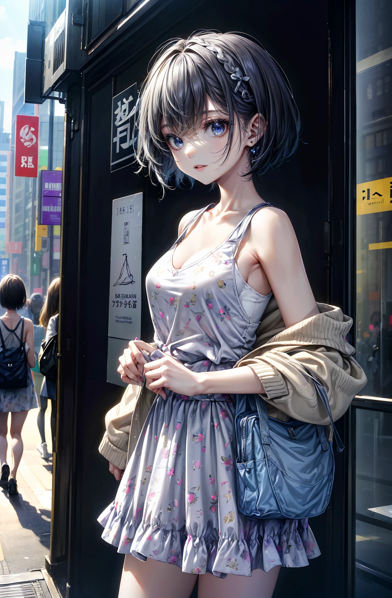 hyper quality、8K quality、High resolution、Image quality captured with a single-lens reflex camera、(software)、perfect anatomy、(black short hair、shoulder length hair:1.2)22 year old beauty.Mature face、blue eyes(Sharp look:1.4)(Good shape and normal breasts) BREAK (Bright spring outfits for women) bright atmosphere((Grey and white sweatshirt cardigan、(Wear an artistic print photo tank top underneath、Irregular patterns:1.2))(Light pink as an accent color)(A long, wide, satin-like skirt with a loose silhouette、Plain light purple)gold earrings、BREAK（perfect anatomy:1.4）break(look away:1.2)(Asahi、In front of Umeda Station in Osaka on a bright early morning:1.3)
