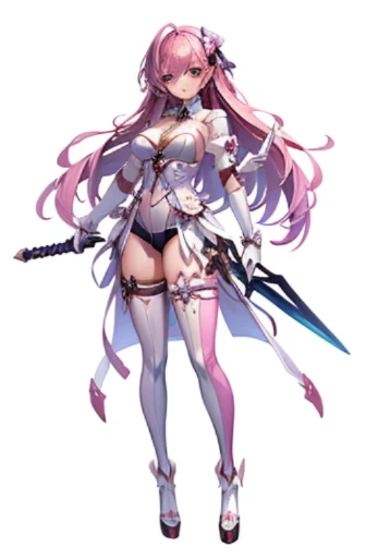 (((Best Quality))) , ((full body)), An adult female, white background, fantasy cloth, sword, holding sword, gloves, green, violet, white, pink, stand posture,