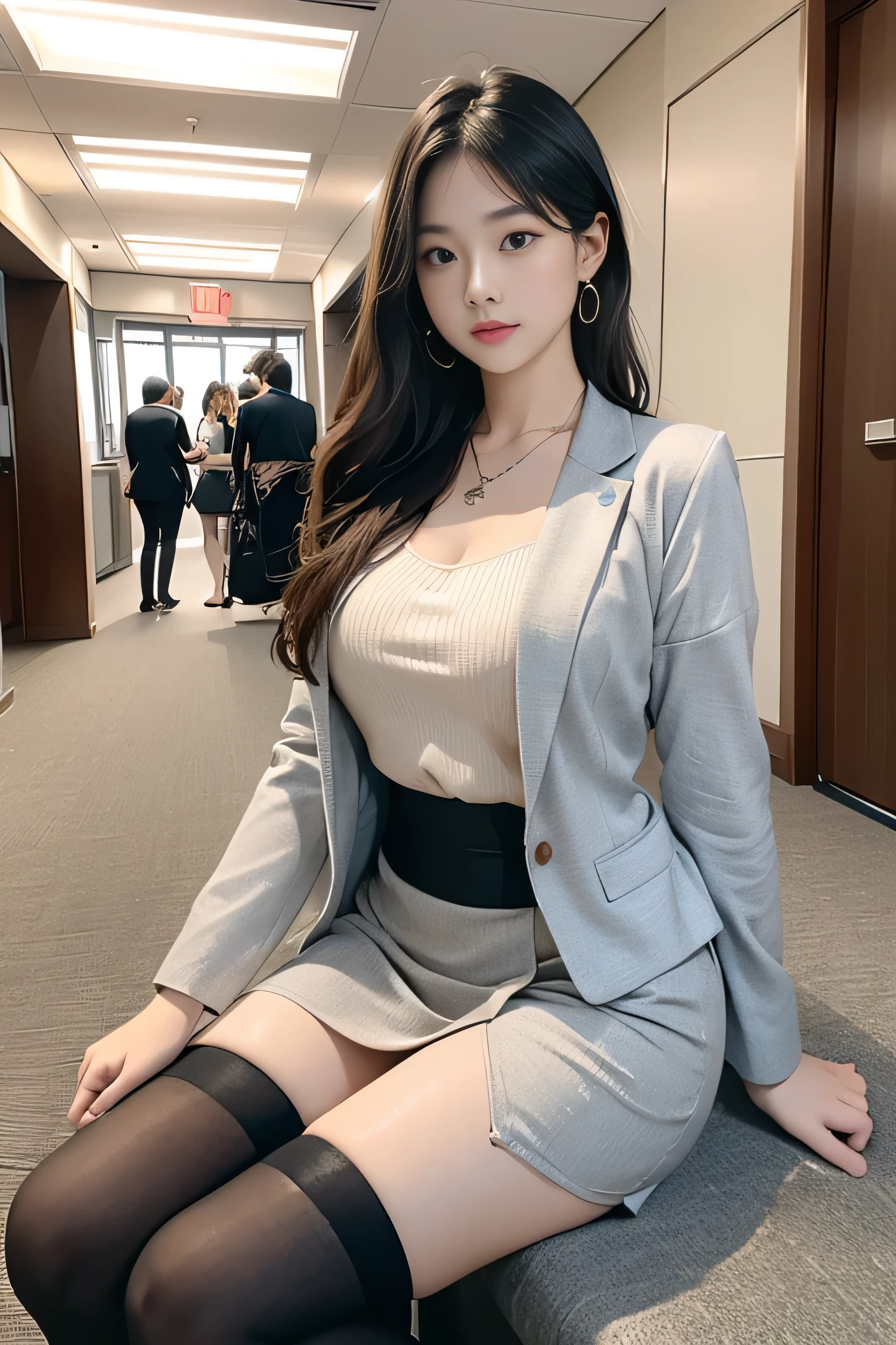 (RAW photos:1.2), (realistic:1.4),beautiful detailed woman,Very good eyes and face, good eyes, very detailed,high resolution, very detailed,best quality,enlightenment,integrated,8K wallpapers,masterpiece,best quality,1 woman,alone,the rich,Full Body Sbian,(slightly chubby body type:1.1),(solid body),there'foot meat,slim waist,alone,(black authentic business suit:1.4)、(black tight skirt:1.4),(Beige stockings:1.2)、(Black high heels:1.4)、jewelry necklace short hair,soft smile,a dignified atmosphere,black eye,realistic,central park , (Spacious lobby of a modern office building:1.4)、(stand:1.2), holding coffee, big bust