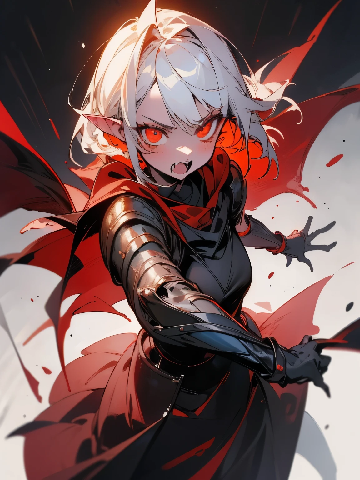 ((Best Quality, 8K, Masterpiece)), ((1woman, petite)), blood on face, flat color, limited palette, Perfectly Cute Girl, Delicate and smooth skin, Realistic skin, Perfect Beautiful Face, Perfect and Cute Face, (POV POV, View from above), short messy white hair, elf ears, sharp fangs, angry, shouting, glowing eyes, assassin's metallic armor, cowl, black shawl, fully clothed, dark aura, dynamic pose, fighting stance, black and red, two tone, dark hue, red hue, high contrast, dark lighting