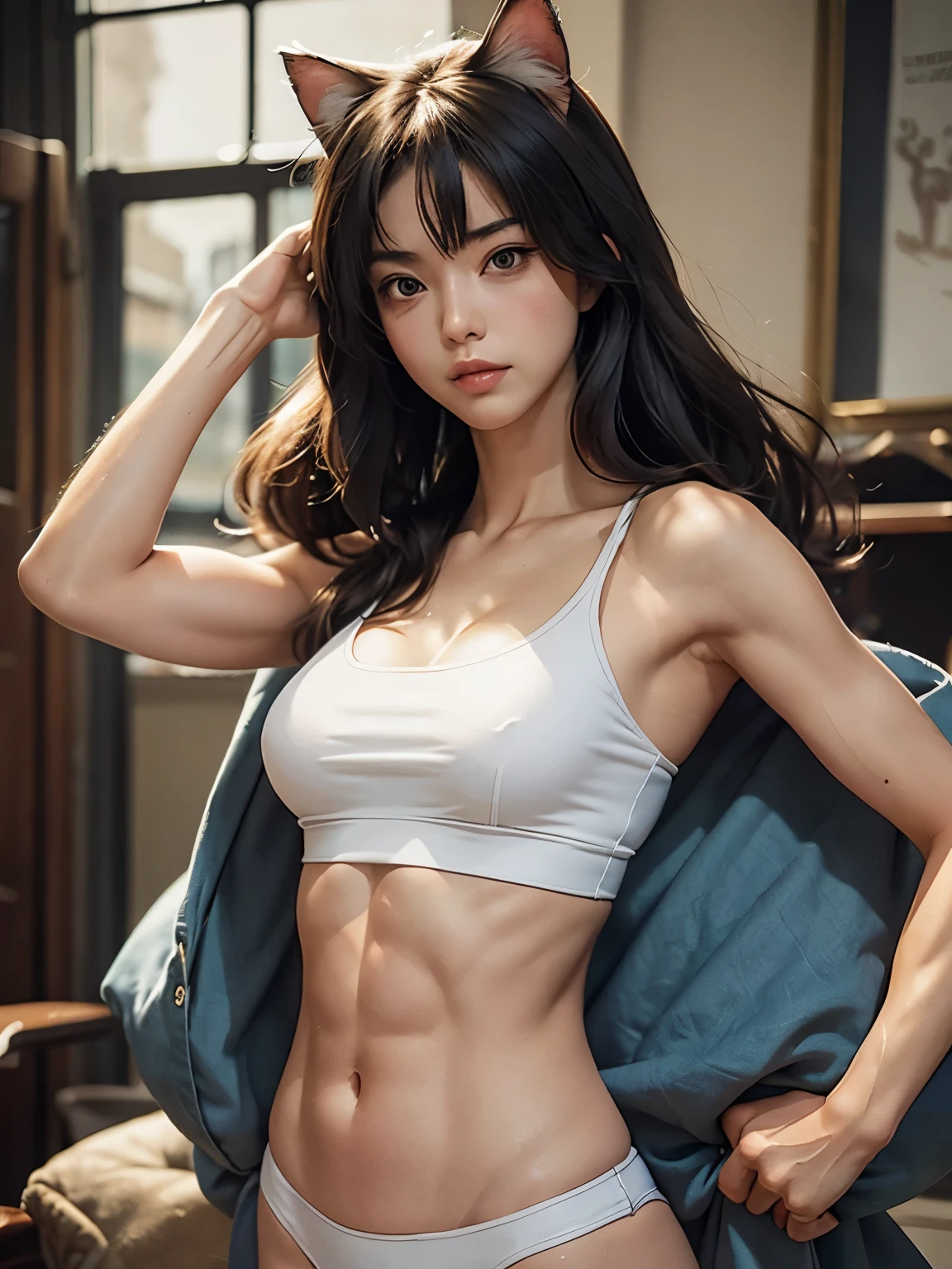 (Top quality, super details: 1.2), muscular body, toned body, abs of steel, Ghibli anime style, cat shape