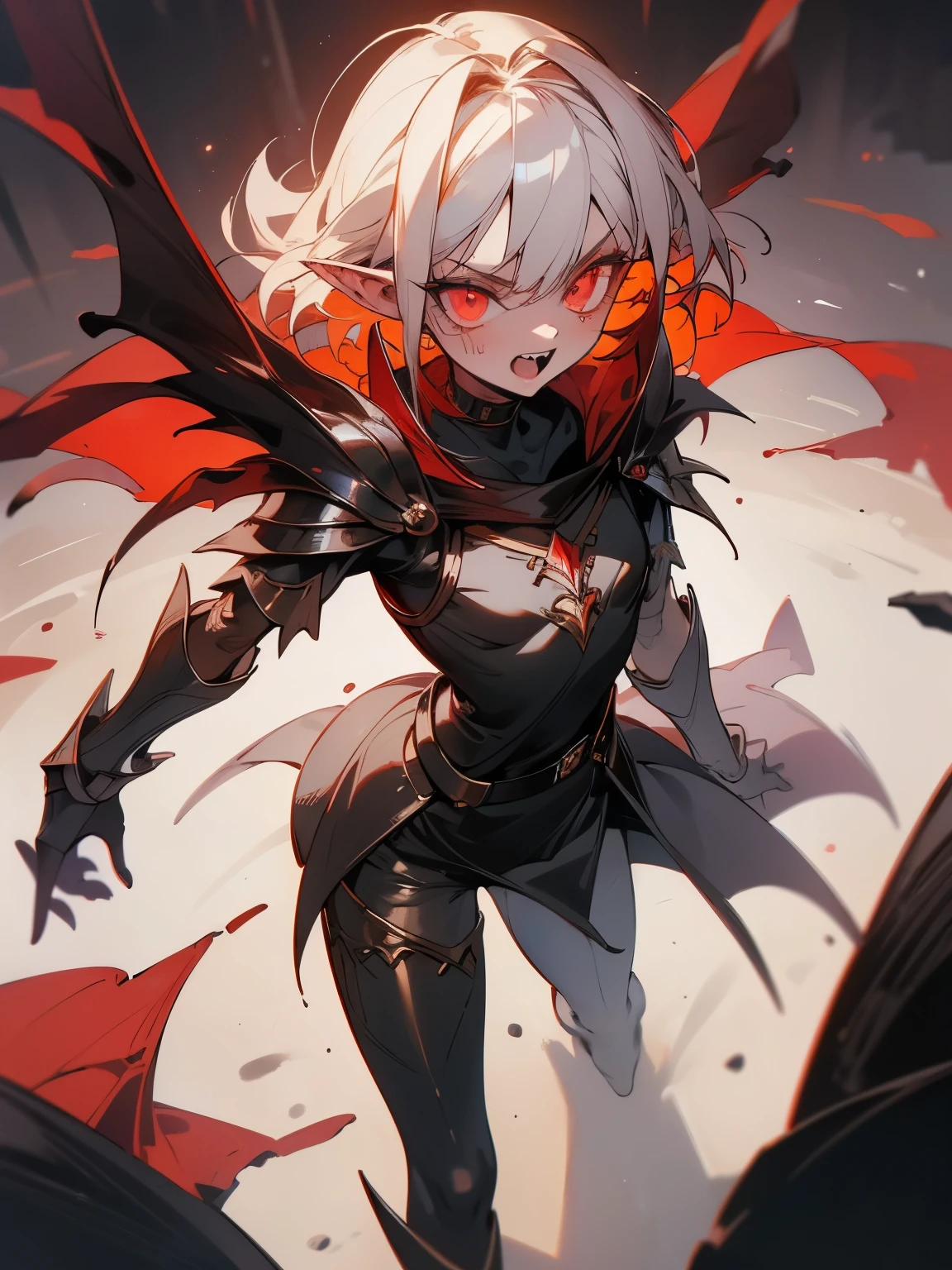 ((Best Quality, 8K, Masterpiece)), ((1woman, ite)), blood on face, flat color, limited palette, Perfectly Cute Girl, Delicate and smooth skin, Realistic skin, Perfect Beautiful Face, Perfect and Cute Face, (POV POV, View from above), short messy white hair, elf ears, sharp fangs, angry, shouting, glowing eyes, assassin's metallic armor, cowl, black shawl, fully clothed, dark aura, dynamic pose, fighting stance, black and red, two tone, dark hue, red hue, high contrast, dark lighting