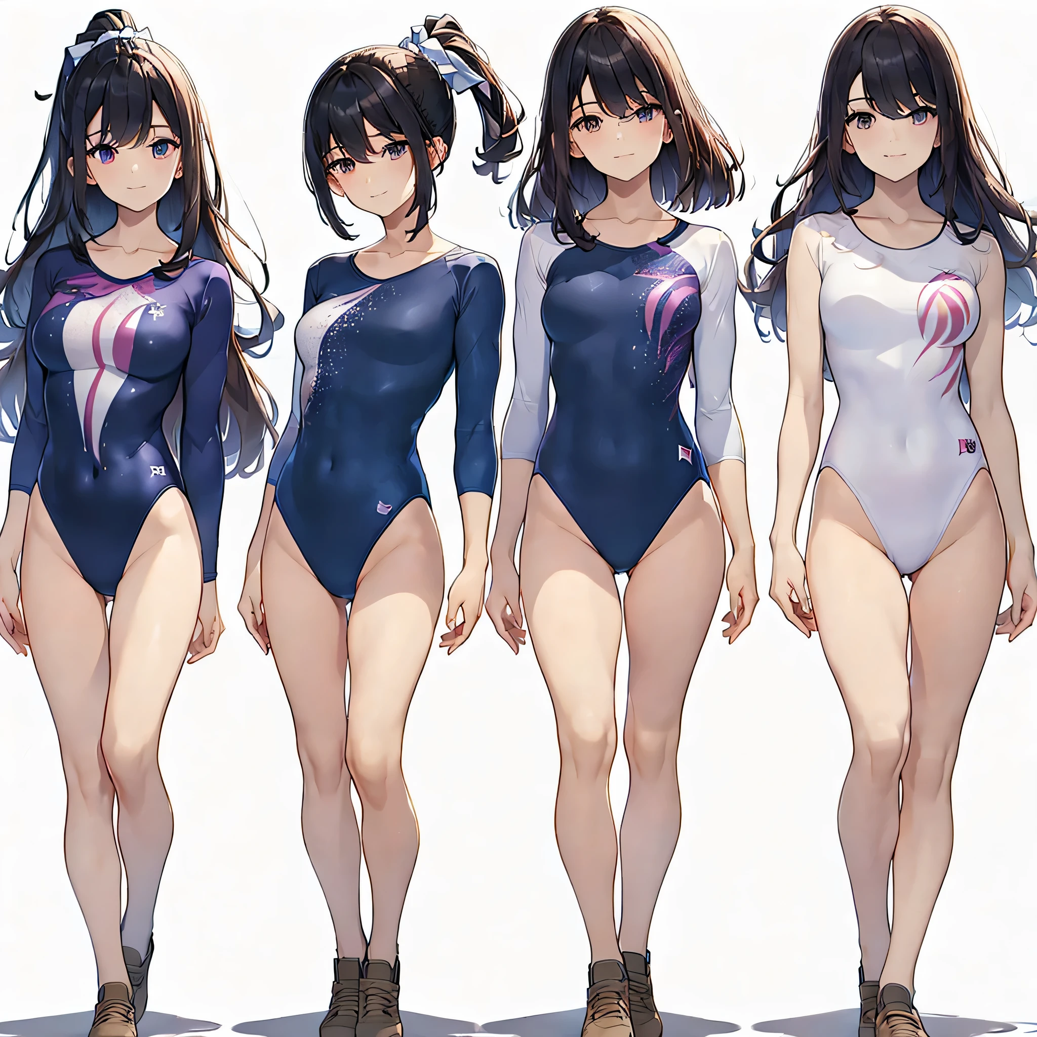 ((full body)),(masterpiece, best quality), (2 girls1.5) ,((Contrapposto:1.5)), looking at viewer, walking,((v_arms:1.2)), (wearing gymnastics_longsleeves_leotard_outfit leotard:1.3),(simple leotard:1.3),(purple leotard) ,,{{galaxy print:1.3 }}, BREAK masterpiece black hair, ((long hair:1.2)), ((parted bangs:1.3)), black eyes, good hand, ((small breasts)), (over 20 years old, under 25 years old:1.2), , spotlight, happy, smile, BREAK white background