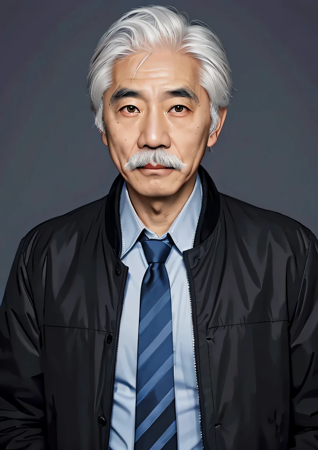 an old asian man, (white hair),(black eyes),(black coat),(blue tie), (poker face), with moustache, realistic
