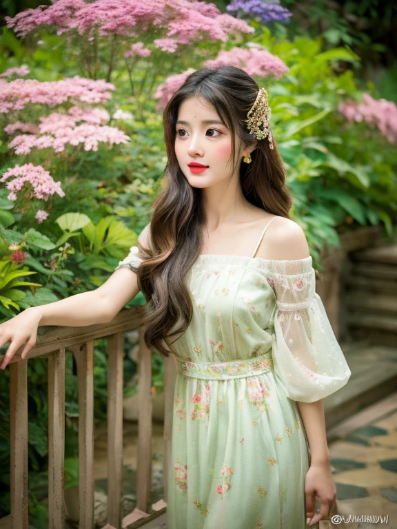 Beautiful myanmar young girl,with long hair, gazing directly at the viewer, adorned in a white floral print dress that reaches her ankles, intricately arranged hair ornament atop her wavy brown locks. Masterpiece in realistic style, absurdly detailed, high quality rendering. HDR, UHD, green garden filled with vibrant flowers serves as a breathtaking background. Delicate petals casting soft, dappled light upon her skin. Captivating colours t