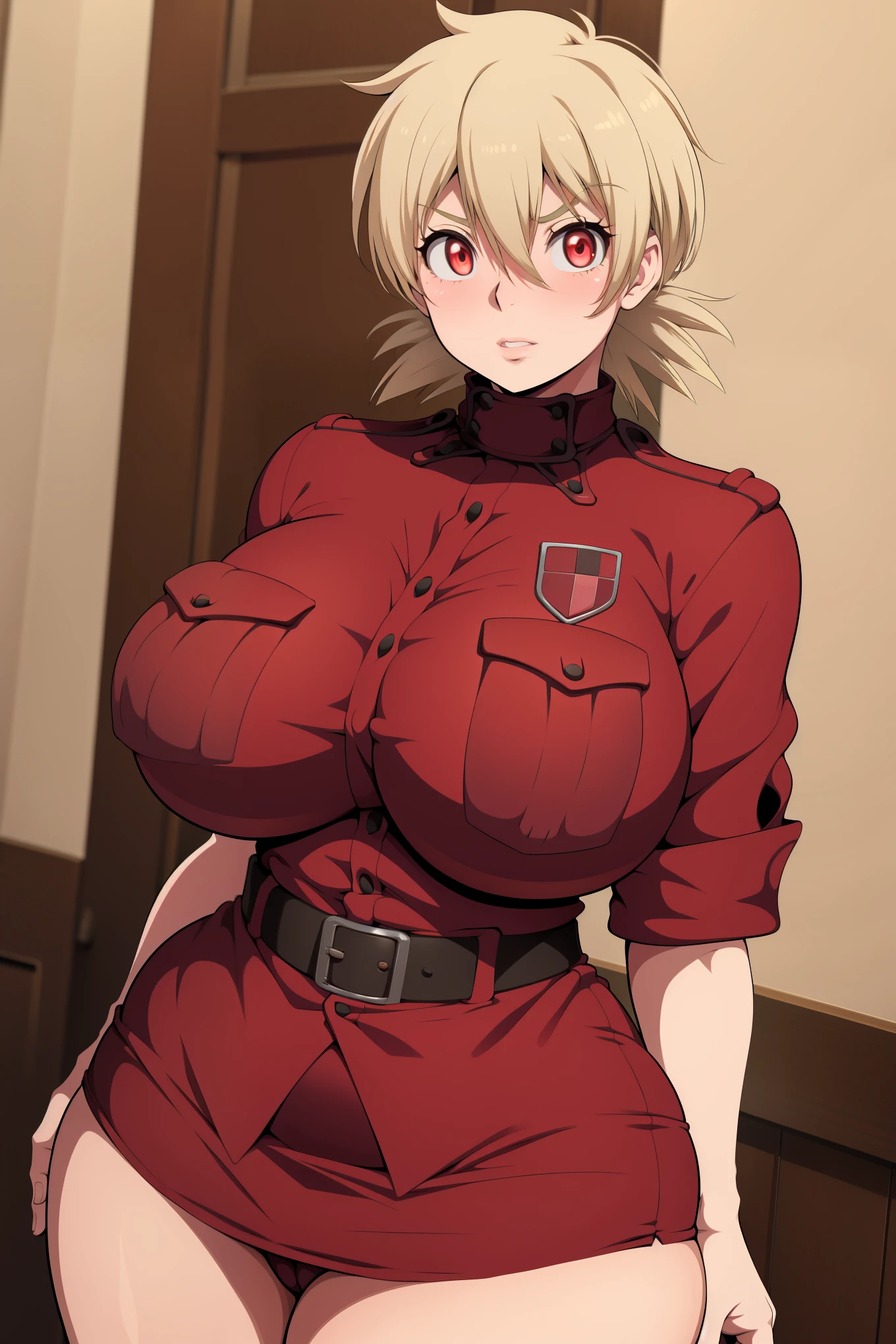 (( detailed ))High resolution, Hellsing Ultimate art style, Seras Victoria, 1girl, ((bimbo)), short blond hair, red eyes, puffy lips, thick lips, wide hips, thick thighs, enormous round fake breast, huge ass, large voluptuous ass , cute face, shy, girlfriend, blushing, tight police uniform, tight top, squishy breasts, soft breasts, breasts squeezed together, close up,