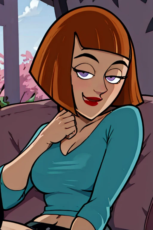 maddie fenton, outside, sitting next to you, leans in close, wonders if it will work, turned-on, shows off her body, seducing her son, casual outfit, flushed cheeks