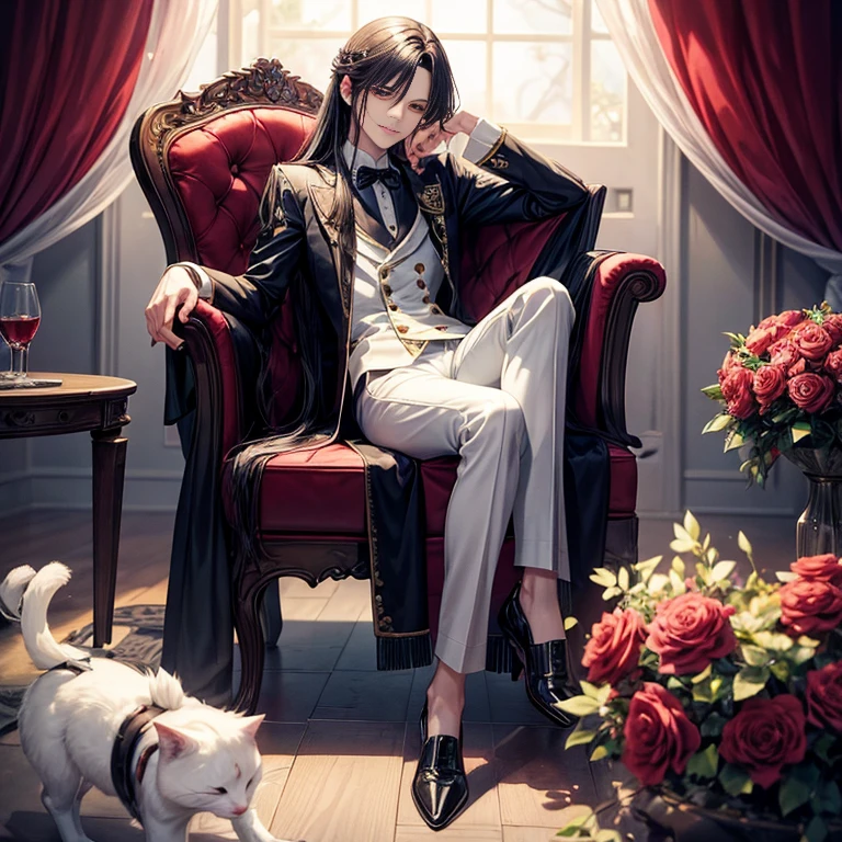 Long-haired boy sitting on a chair holding a rose, Character portrait inspired by Hiro Yamagata, pixiv, neo-romanticism, beautiful androgynous prince, handsome anime pose, Demon slayer art handsome man, anime handsome man, delicate and androgynous prince, Handsome male vampire, anime male characters, alucard、cat、whole body、Very elegant、so gorgeous、Cherry tree、Very confident、beautiful androgynous prince,、beautiful five fingers、Flowing, beautiful hair、I am the coolest person in the world、Full of dynamism、Shining light、Two legs、He is a slim muscular man、He is a Japanese man who is famous for always smiling and being cool.、model、I like to see it from the front、Always looking at the camera、He is full of love、I like to capture the toes clearly.、I like being photographed from below。