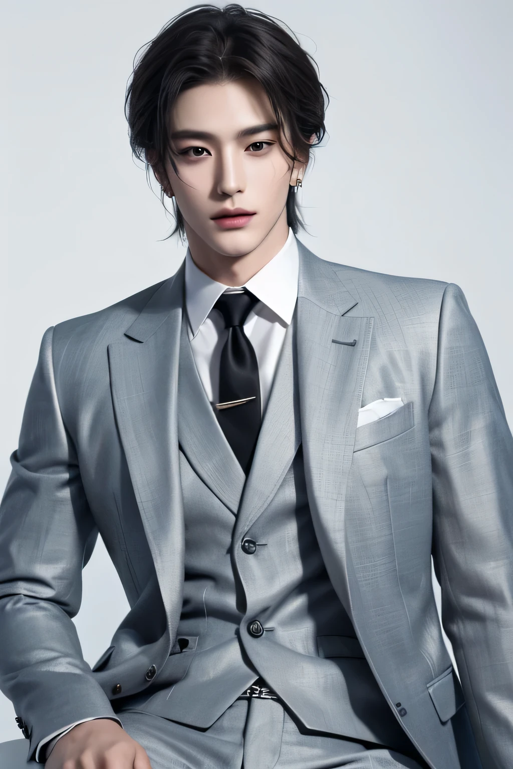 ((best quality)), ((masterpiece)), (detailed), perfect face、genuine、One Korean boy、a bad man、Villain、Handsome like an idol、host、Upper body、white background、Saint Laurent Suit、Black luxury suit、S class handsome guy、A slightly open mouth、white skin、Face with makeup、Super handsome、Center parted medium length hair、silver hair、Beautiful, well-groomed hair、sexy look、other poses、Gold Rolex、accessories、earrings