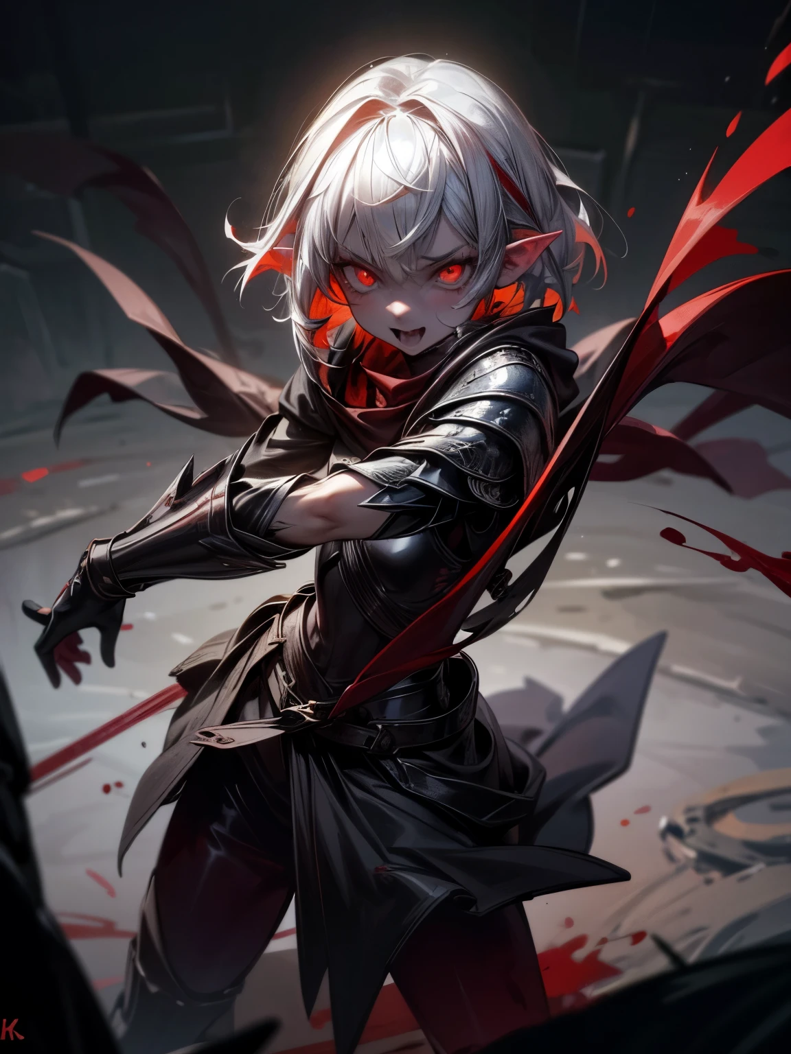 ((Best Quality, 8K, Masterpiece)), ((1woman, petite)), blood on face, bleeding, flat color, limited palette, Perfectly Cute Girl, Delicate and smooth skin, Realistic skin, Perfect Beautiful Face, Perfect and Cute Face, (POV POV, View from above), short messy white hair, elf ears, sharp fangs, angry, shouting, glowing eyes, assassin's metallic armor, cowl, black shawl, fully clothed, dark aura, dynamic pose, fighting stance, black and red, two tone, dark hue, red hue, high contrast, dark lighting