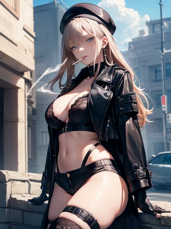 29 years old, (milf:0.9), (solo:1.3), (sfw:1.25), cute breast, beautiful breasts, medium tits, thin waist, big ass:1.0, Raised sexy, (black beret, black jacket, open clothes, cleavage, midriff, black shorts, black thighhighs, thigh strap, fingerless gloves, single glove:1.2), blue eyes, light smile, big , Revimpling fabric, earrings, Hand gloves, detailed face,(smoking:1.3),long hair,side ponytail,hair between eyes,bangs,detailed and beautiful eyes,beautiful detailed lips,Rolling her eyes,manner,hair over one eye, (ultra high resolution, 8K RAW photo, photo realistics, thin outline:1.3, clear focus), best qualtiy, natural lighting, textile shading, field depth, (Bright pupils, fine detailed beautiful eyes with highlight:1.3, high detailed face), Red lip, fine realistic skins:1.1, looking down viewers:1.3, (dynamic angle:1.3, front view:1.1, breast focus:1.4, from below:1.5), (dynamic posing:1.5, sexy posing:1.2),Youghal, side lock, hair ornaments,nice,garden background,artistic rendering,Super detailed,(highest quality,4k,8K,High resolution,masterpiece:1.2),Bright colors,studio lighting ,at military base in usa