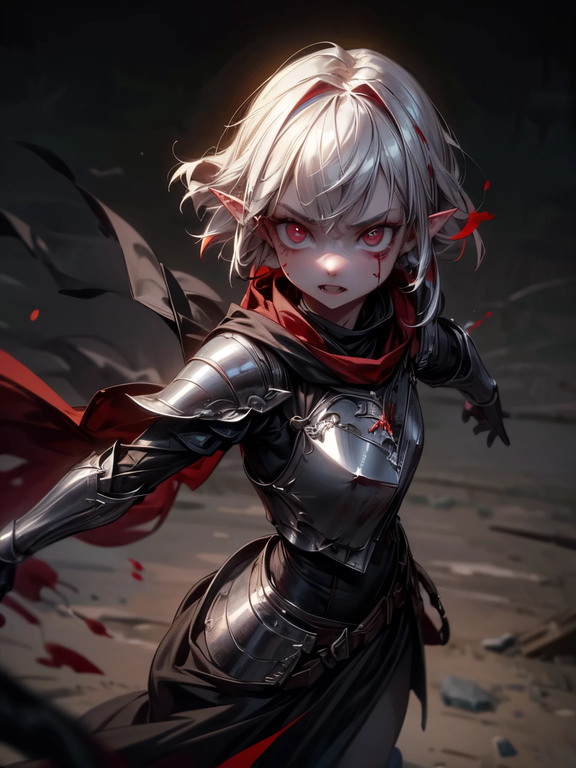 ((Best Quality, 8K, Masterpiece)), ((1woman, ite)), blood on face, bleeding, flat color, limited palette, Perfectly Cute Girl, Delicate and smooth skin, Realistic skin, Perfect Beautiful Face, Perfect and Cute Face, (POV POV, View from above), short messy white hair, elf ears, sharp fangs, angry, shouting, glowing eyes, assassin's metallic armor, cowl, black shawl, fully clothed, dark aura, dynamic pose, fighting stance, black and red, two tone, dark hue, red hue, high contrast, dark lighting