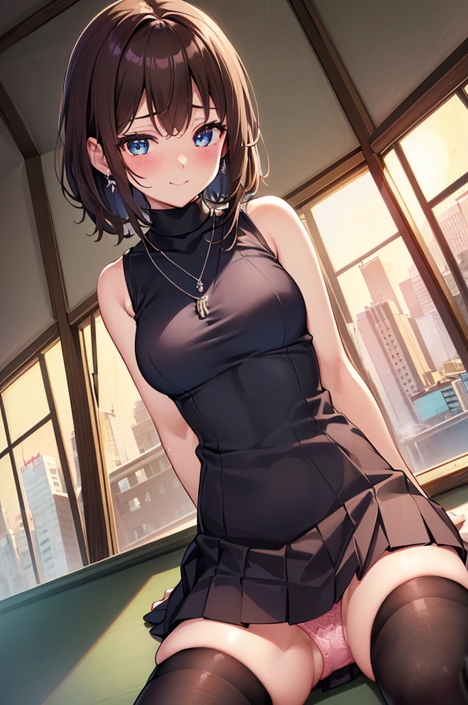 (table top, highest quality, High resolution, , perfect pixel, 4k,), 1 girl, single, alone, Beautiful woman、I could see the whole body、 ((wavy short hair, bangs, brown hair)), ((blue eyes, beautiful eyelashes, realistic eyes)), ((detailed face, blush:1.2)), ((smooth texture:0.75, realistic texture:0.65, realistic:1.1, Anime CG style)), medium breasts, dynamic angle, perfect body, ((, female teacher, , earrings、necklace、Black turtleneck sleeveless sweater,Mini pleated skirt in blue、black knee high stockings、open both legs wide、、shy smile、sit at a desk in the classroom、touch your chest with both hands)), Upper grade、、、evening、、(Pink lace panties are visible、、、angle from below)、