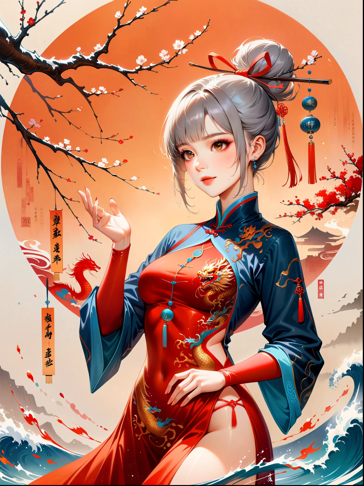 中国风大师work,lifelike,shining,Chinese traditional ink painting, willow branch, Wu Changshuo, ((masterpiece)), best quality, illustration, A Chinese girl is practicing Tai Chi, wearing a training suit with a background of Tai Chi diagram, water, fire, qi, and flowing movements. Her whole body is depicted in a Chinese style, with rich details, immortal energy, and Jojo's wonderful adventure style, in clothes, silver hair, hair bun, hair ribbon, blank eyes, light smile, god rays, UHD, masterpiece, ccurate, anatomically correct, textured skin, super detail, high details, best quality, 8k, award winning,work,Dazzling colors,Stunning visual effects,otherworldly appearance,charming art