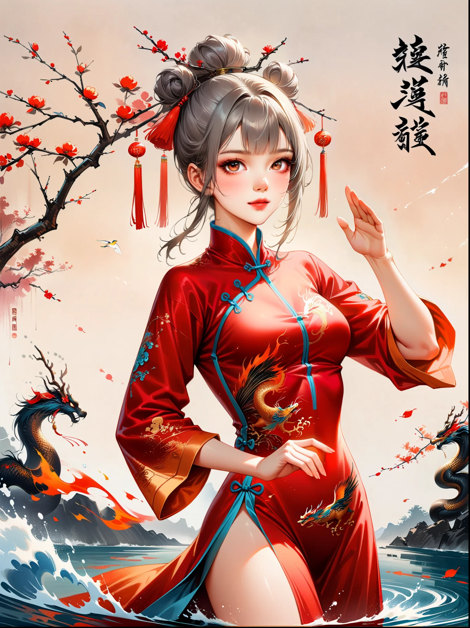 中国风大师work，lifelike，shining，Chinese traditional ink painting, willow branch, Wu Changshuo, ((masterpiece)), best quality, illustration, A Chinese girl is practicing Tai Chi, wearing a training suit with a background of Tai Chi diagram, water, fire, qi, and flowing movements. Her whole body is depicted in a Chinese style, with rich details, immortal energy, and Jojo's wonderful adventure style, in clothes, silver hair, hair bun, hair ribbon, blank eyes, light smile, god rays, UHD, masterpiece, ccurate, anatomically correct, textured skin, super detail, high details, best quality, 8k, award winning，work，Dazzling colors，Stunning visual effects，otherworldly appearance，charming art