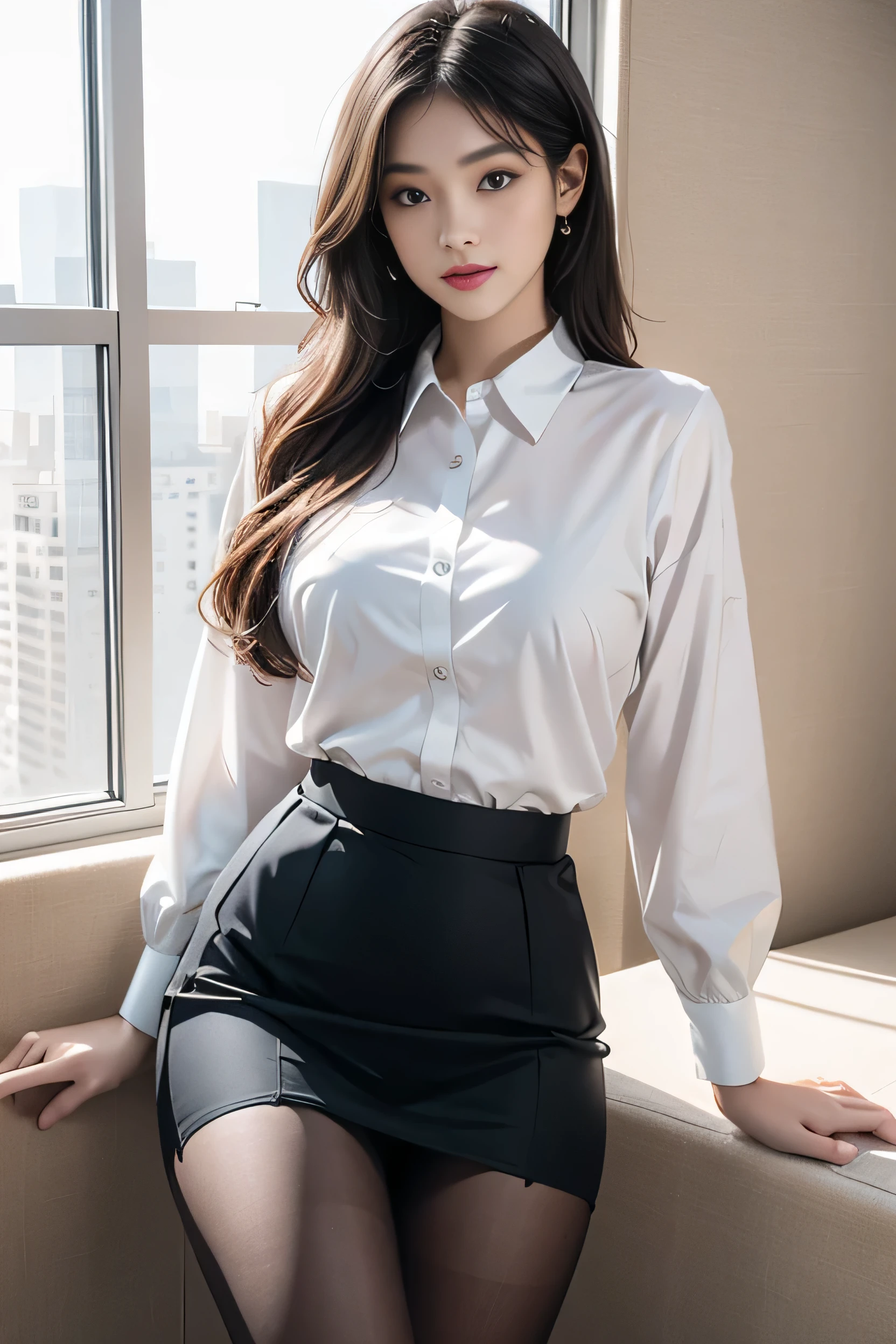 (Light underwear upper-class elite secretary), Sit by the window,Outside the window is Manhattan Plaza,Outside the window is Manhattan Plaza의 랜드마크,work in the office、 (Wear pantyhose)、(long hair)、 Wear quality heels、 (thighs and skirt), Shirt Secretary, merchant, Wear a shirt and skirt, business attire, business attire, RAW photos, (8 thousand、top quality、masterpiece:1.2)、(intricate details:1.4)、(realistic:1.4)、octane rendering、Highly detailed representation of complex 3D renderings, vivid details, super detailing, realistic skin texture, detailed production, Beautiful eye for detail, Highly detailed CG Unity 16k wallpaper, Make-up - Make-up, (detailed background:1.2), glowing skin、thighs exposed!!!,