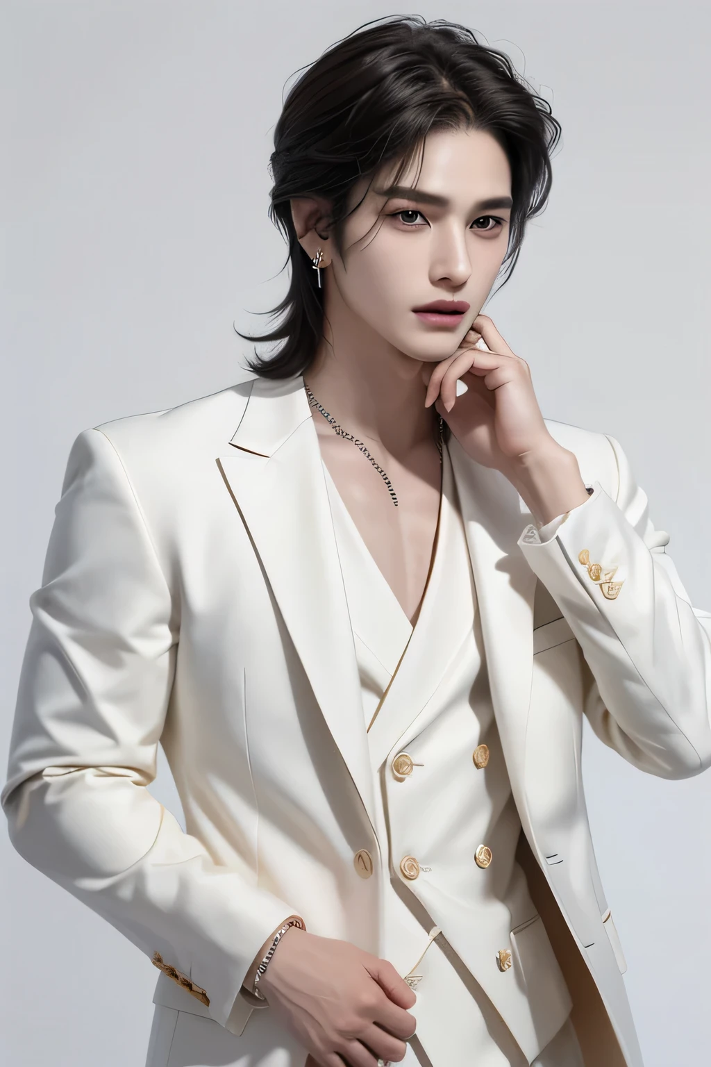 ((best quality)), ((masterpiece)), (detailed), perfect face、genuine、One Korean boy、a bad man、Villain、Handsome like an idol、host、Upper body、white background、Saint Laurent Suit、Black luxury suit、S class handsome guy、A slightly open mouth、white skin、Face with makeup、Super handsome、Center parted medium length hair、silver hair、Beautiful, well-groomed hair、sexy look、other poses、Gold Rolex、accessories、earrings