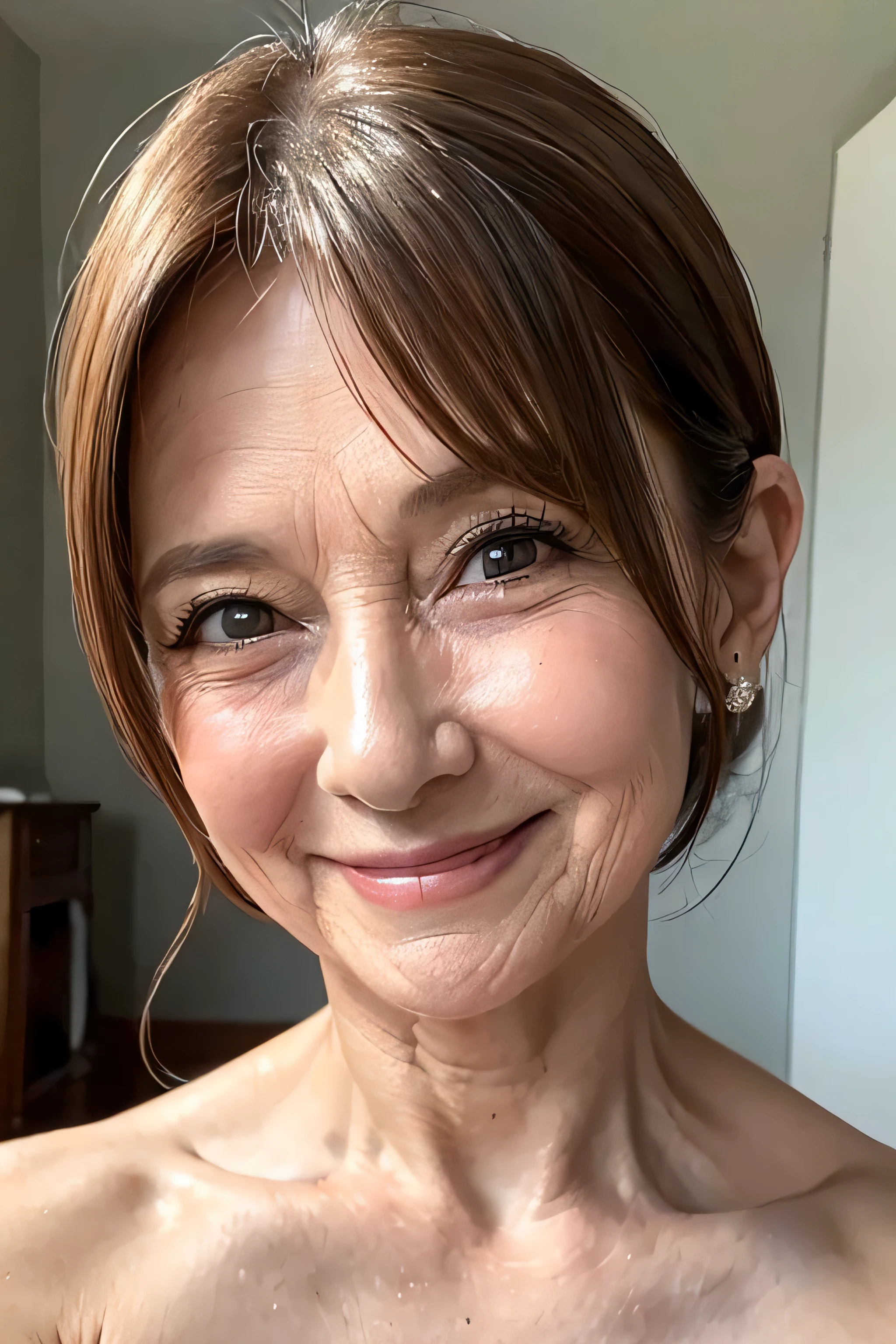 (Masterpiece:1.4),(67-year-old woman:1.4),(Wrinkles on the face1.2),smile,nude,sexy pose