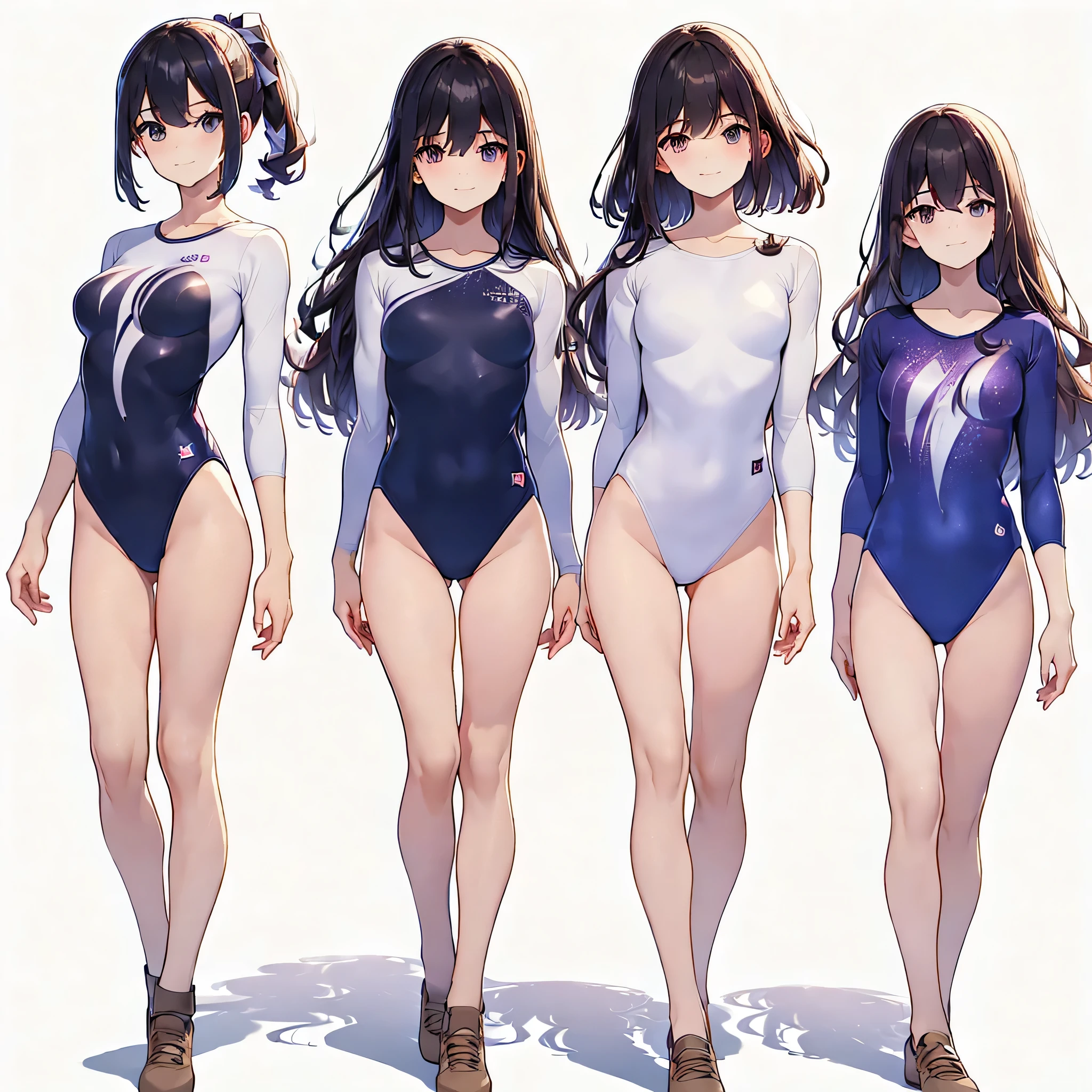((full body)),(masterpiece, best quality), (2 girls1.5) ,((Contrapposto:1.5)), looking at viewer, walking,((v_arms:1.2)), （wearing gymnastics_longsleeves_leotard_outfit leotard:1.3),(simple leotard:1.3),(purple leotard) ,,{{galaxy print:1.3 }}, BREAK masterpiece black hair, ((long hair:1.2)), ((parted bangs:1.3)), black eyes, good hand, ((small )), (over 20 years old, under 25 years old:1.2), , spotlight, happy, smile, BREAK white background