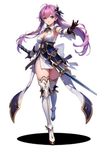 (((Best Quality))) , ((full body)), An adult female, white background, fantasy cloth, sword, holding sword, gloves, green, violet, white, stand posture,