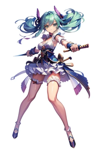 (((Best Quality))) , ((full body)), An adult female, white background, fantasy cloth, sword, holding sword, gloves, green, violet, white, stand posture,