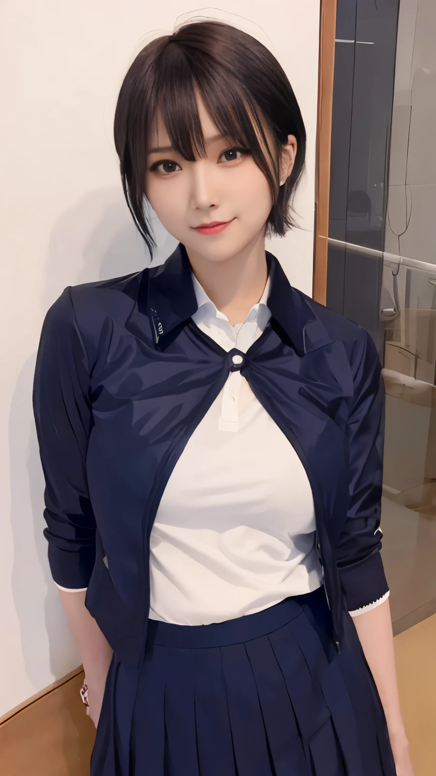(masterpiece:1.2, highest quality), (realistic, photorealistic:1.4), beautiful illustrations, (natural side lighting, movie lighting), NSFW,
looking at the viewer, cowboy shot, Front view:0.6, 1 girl, Japanese, high school girl, perfect face, Cute symmetrical face, shiny skin,
(short hair:1.5, pixie cut:1.4, black hair asymmetry), tie the bangs at the back, red eyes, long eyelashes, (big breasts:0.6, thick thighs),
beautiful hair, beautiful face, fine and beautiful eyes, beautiful clavicle, beautiful body, beautiful breasts, beautiful thighs, beautiful feet, beautiful fingers,
(((navy jacket), white collared shirt, gray pleated mini skirt, navy socks, brown loafers, red tie)),
(beautiful scenery), evening, riverside, Are standing, wave hands, (half closed eyes, cute smile, upper grade),