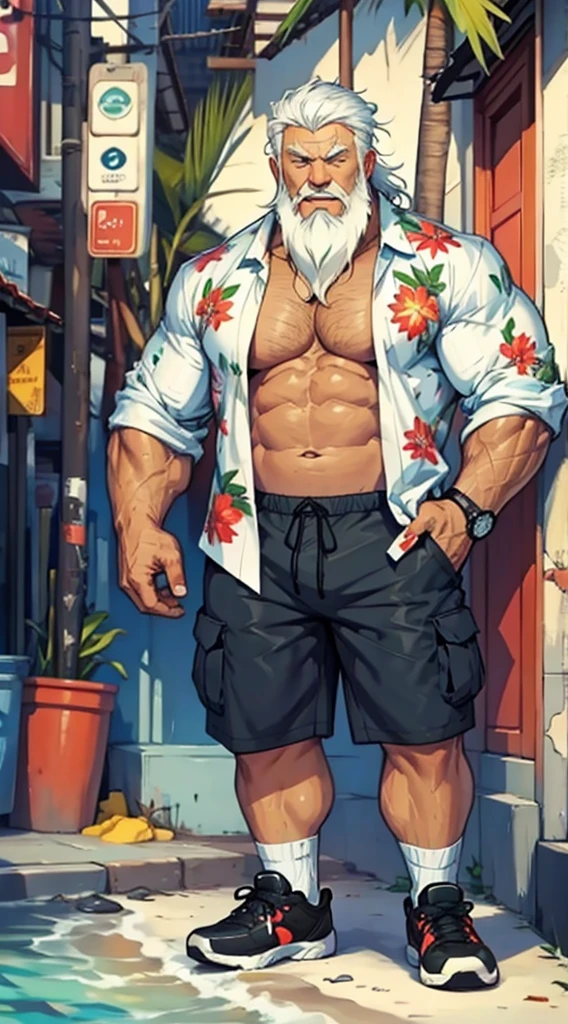 chubby old man in street city, old man, thick arm, huge arm, bearded. white hair and beard, bearded, muscular, pectoral, wide pectoral, beach, palm, realistic, 8k, masterpiece, (wearing shorts and white Hawaiian shirt, shoes)