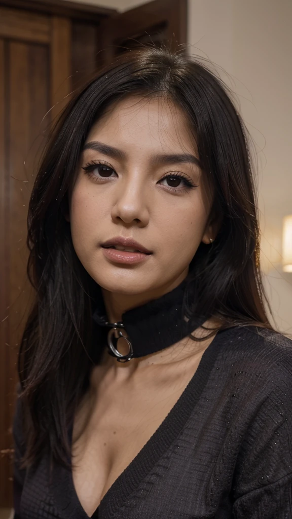 Mujer muy hermosa, Asian, ojos grises, nariz delgada, labios gruesos, cabello negro y lacio, fleco en la frente, Shy, muy sexy, collar de naruto, red bra, cuerpo delgado 