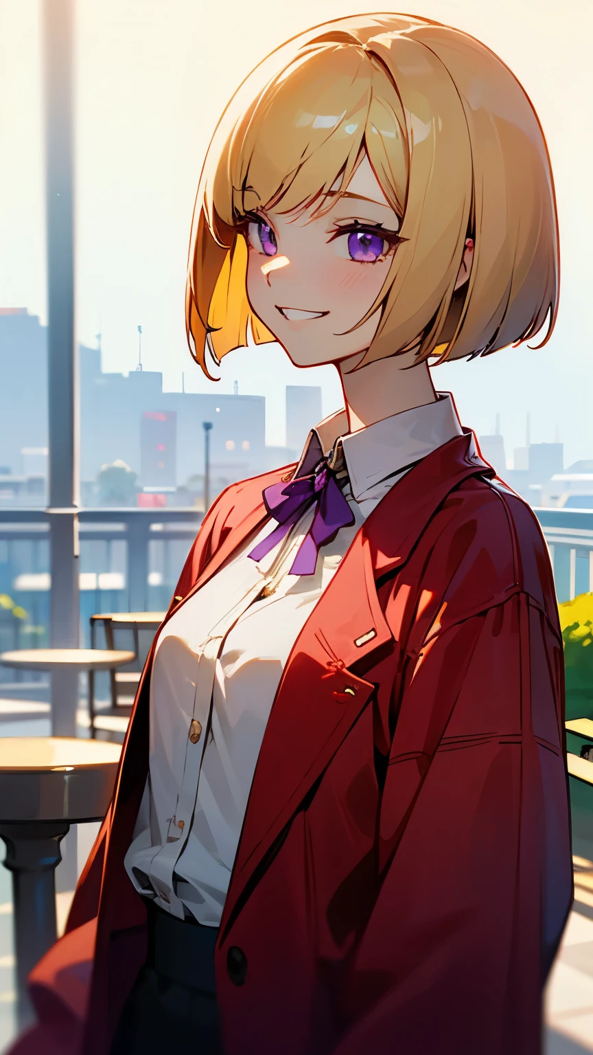 1 girl、anime painting、upper body close-up、From the side、Natural proportions、slender、small breasts、grin、white skin、(blonde)、bob cut、beautiful purple eyes、red jacket、(long sleeve blouse)、ruffle blouse、Morning Cafe Terrace、background bokeh、written boundary depth