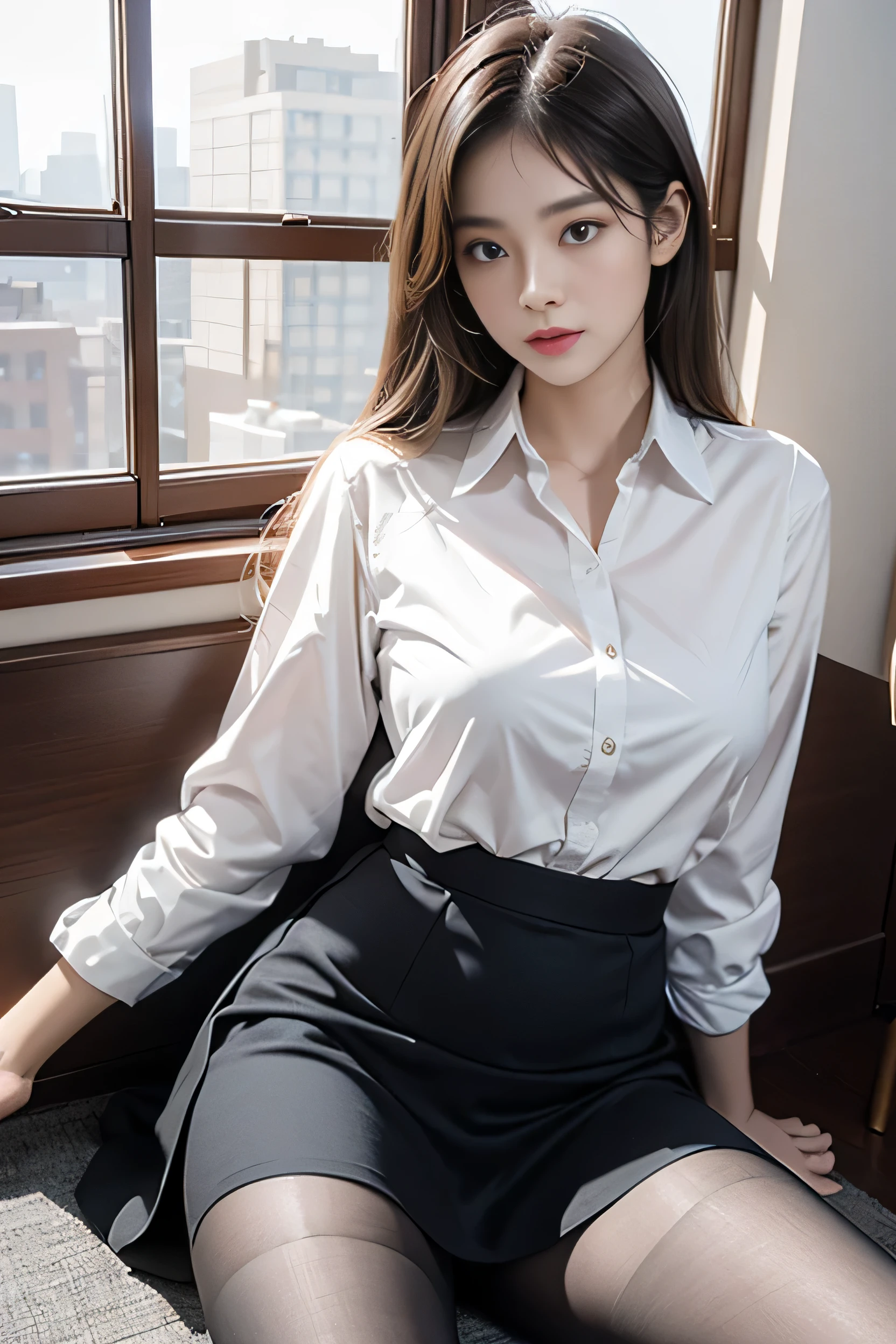 (Light underwear upper-class elite secretary), Sit by the window,Outside the window is Manhattan Plaza,Outside the window is Manhattan Plaza의 랜드마크,work in the office、 (Wear pantyhose)、(long hair)、 Wear quality heels、 (thighs and skirt), Shirt Secretary, merchant, Wear a shirt and skirt, business attire, business attire, RAW photos, (8 thousand、top quality、masterpiece:1.2)、(intricate details:1.4)、(realistic:1.4)、octane rendering、Highly detailed representation of complex 3D renderings, vivid details, super detailing, realistic skin texture, detailed production, Beautiful eye for detail, Highly detailed CG Unity 16k wallpaper, Make-up - Make-up, (detailed background:1.2), glowing skin、thighs exposed!!!, she masturbates, spread the crotch apart, panties visible, Breasts exposed,