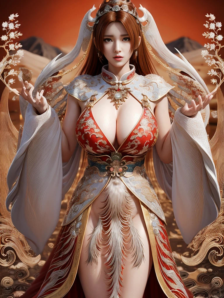 (heavy breasts)、top-quality、masterpiece、超A high resolution、(metal white dragon armor)、(((Colossal tits))),dragon armor、(((Detailed Micro Bikini))),(Wear a beautiful crown made of intricate gemstones),(Photorealsitic:1.4)、Raw photo、1 girl、(((Random hair))、(((Take different poses)))、glowy skin、(((Chinese Dragon)))、Intricate and ornate hair ornaments、(Gorgeous Jewelry Necklaceystical expression)、(Full Body Angle)、((Light red hair)),(Fight big dragonetal metal bikini)、(((Sahara desert background)))、Precipitous cliffs)、((super realistic details))、portlate、globalillumination、(sexypose)、Shadow、octan render、8K、ultrasharp、Colossal 、Raw skin is exposed in cleavage、metals、Details of complex ornaments、Japan details、highly intricate detail、Realistic light、CGSoation Trends、Blue eyes、radiant eyes、Facing the camera、Toostock、(Full Body Angle)、(veils)、(((desert background)))、highcontrast、