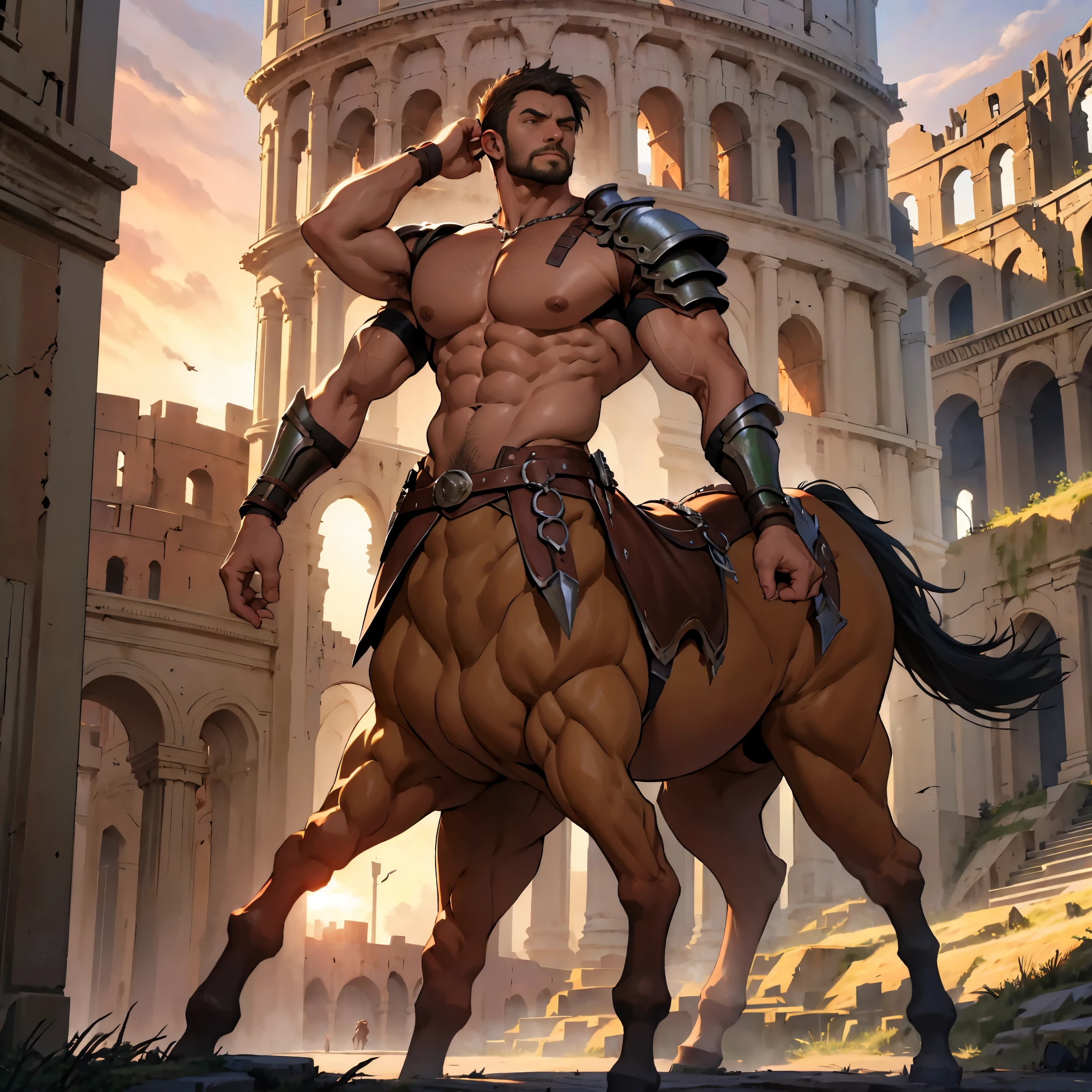 1boy, solo, highly detailed full body full color photo of a centaur:1.2, standing, tall, green short hair, gauntlets, bare chest, detailed muscular physique, lifelike depiction, 4K resolution. Background: Colosseum during a spectacular sunset,32k uhd, best quality, masterpiece, extra arms, 4arms,
