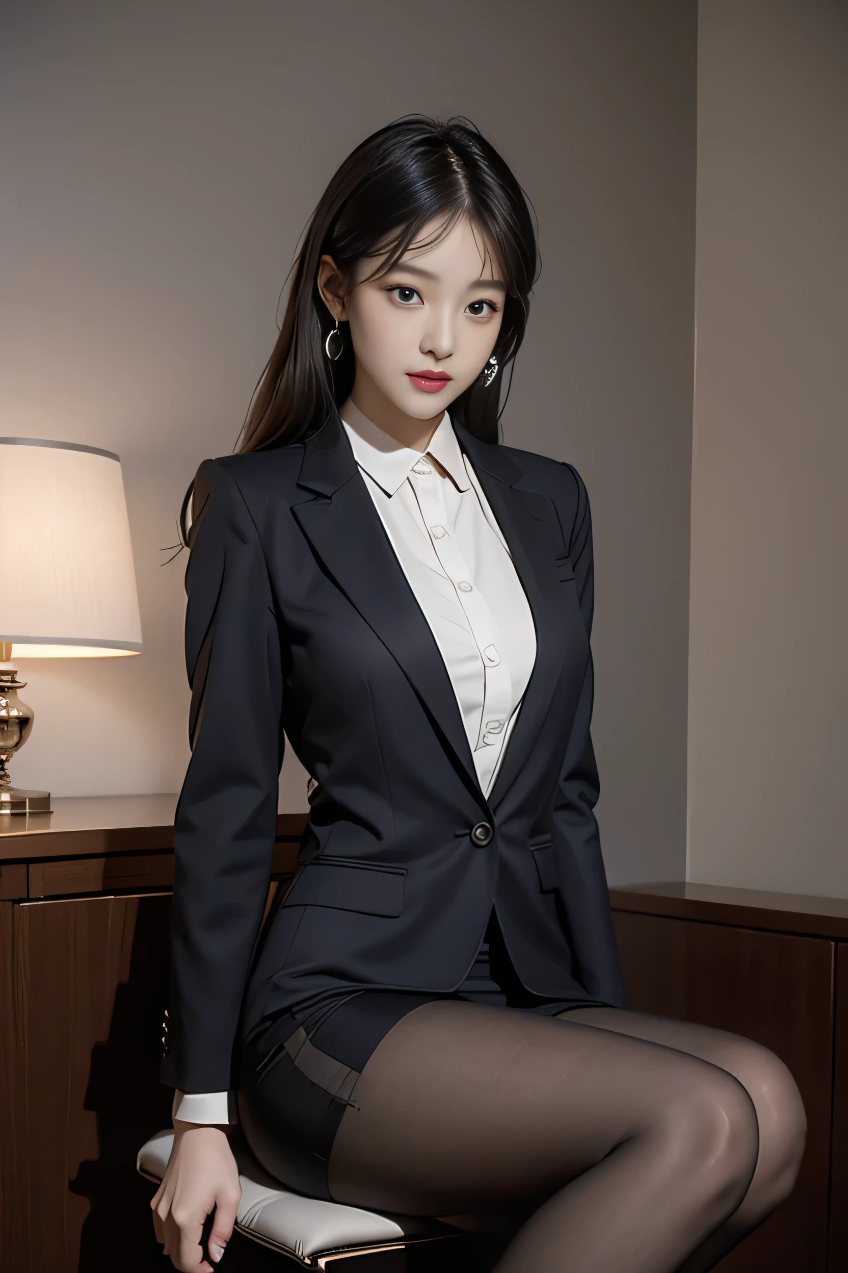 (masterpiece), ((best quality)), (masterpiece,best quality,official art,Highly detailed CG Unity 8k wallpaper), (the most noble and beautiful), (female with high level of education),beauty photo, female,alone,(Elegant upper class super elite secretary wearing business shirt),perfect look,double eyelid 눈,delicate makeup, work in the office,strict business wearing a suit, (Wear pantyhose),Wear quality heels,girl in shirt, wearing a suit, huge tits,Telegraph slang,wearing a suit, wearing a suit, merchant, business clothes, wearing a black suit, Wear a shirt and skirt, woman in suit, business attire,computer chair,seating,Erlang Bridge,high heel,View viewer,Brighter,intricate details,foot focus,from below,wonderful beauty,(tall woman),dark brown hair, small piercing,face, Precise expression of details such as skin texture,(Your face and eyes are the prettiest), double eyelid,sensitive skin,slim body,alone,big bust,(Wearing the most beautiful and noble little earrings),