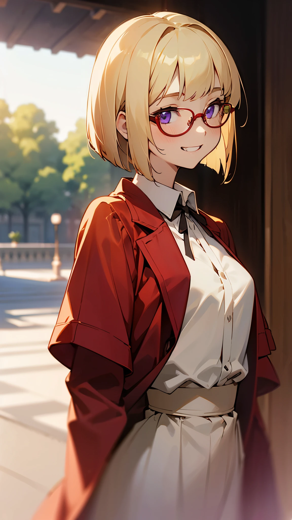 1 girl、anime painting、upper body close-up、From the side、Natural proportions、slender、small breasts、grin、white skin、(blonde)、bob cut、beautiful purple eyes、Glasses、red jacket、(long sleeve blouse)、ruffle blouse、Morning Cafe Terrace、background bokeh、written boundary depth