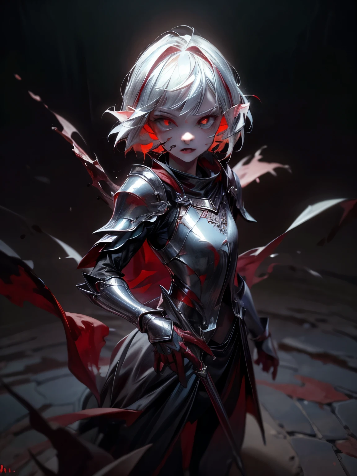 ((Best Quality, 8K, Masterpiece)), ((1woman, petite)), blood on face, bleeding, injured, flat color, limited palette, Perfectly Cute Girl, Delicate and smooth skin, Realistic skin, Perfect Beautiful Face, Perfect and Cute Face, (POV POV, View from above), short messy white hair, elf ears, sharp fangs, rage, shouting, glowing eyes, assassin's metallic armor, cowl, black shawl, fully clothed, dark aura, dynamic pose, fighting stance, black and red, two tone, dark hue, red hue, high contrast, dark lighting