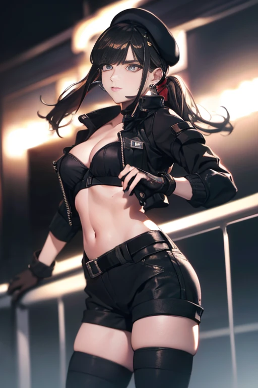 29 years old, (milf:0.9), (solo:1.3), (sfw:1.25), cute breast, beautiful breasts, medium tits, thin waist, big ass:1.0, Raised sexy, (black beret, black jacket, open clothes, cleavage, midriff, black shorts, black thighhighs, thigh strap, fingerless gloves, single glove:1.2), blue eyes, light smile, big , Revimpling fabric, earrings, Hand gloves, detailed face,(smoking:1.3),long hair,side ponytail,hair between eyes,bangs,detailed and beautiful eyes,beautiful detailed lips,Rolling her eyes,manner,hair over one eye, (ultra high resolution, 8K RAW photo, photo realistics, thin outline:1.3, clear focus), best qualtiy, natural lighting, textile shading, field depth, (Bright pupils, fine detailed beautiful eyes with highlight:1.3, high detailed face), Red lip, fine realistic skins:1.1, looking down viewers:1.3, (dynamic angle:1.3, front view:1.1, breast focus:1.4, from below:1.5), (dynamic posing:1.5, sexy posing:1.2),Youghal, side lock, hair ornaments,nice,garden background,artistic rendering,Super detailed,(highest quality,4k,8K,High resolution,masterpiece:1.2),Bright colors,studio lighting ,at military base in usa
