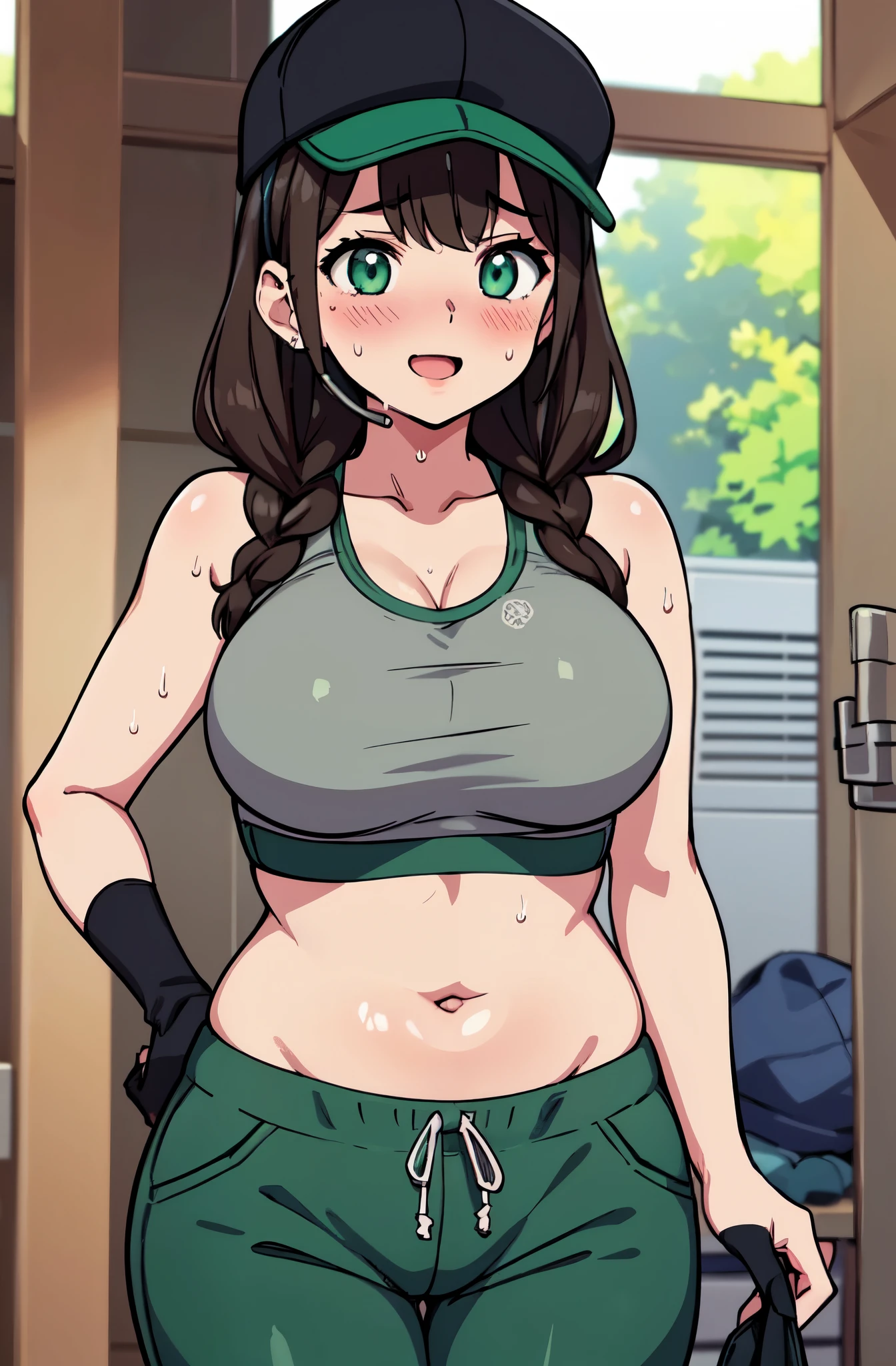 highest quality, High res○luti○n,Anime Screen Capture, SF、three w○men、realistic, masterpiece, highest quality, perfect anat○my,(Chubby、Fat belly)、 (fine eyes), (Female mechanic, huge breasts、), ((gray sports bra、green carg○ pants、Sweat、black baseball cap、headset)),black gloves、both armpits、 green eyeedium braided hair、medium hair、brown hair), ((blush))、(wide hips)、:d、((((embarrassing))))、((locker room))