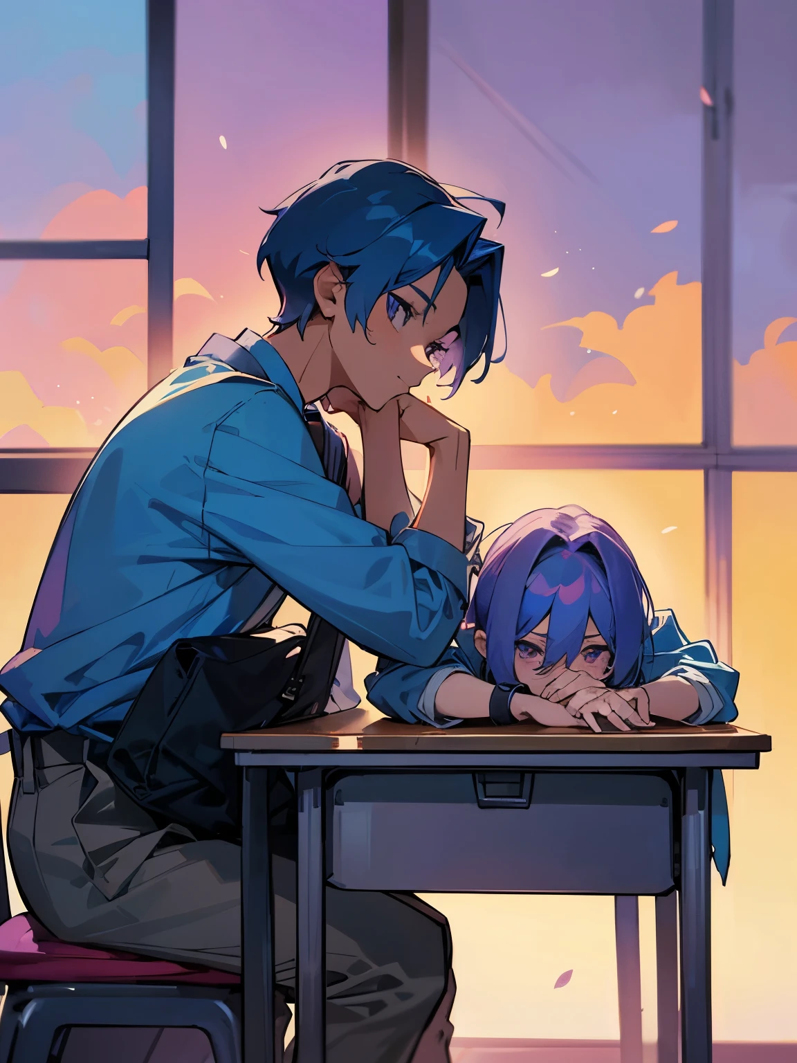 cartoon of two boys sitting at a table with a book and a backpack, ddlc, in the art style of 8 0 s anime, 9 0 s anime style, 90s anime style, in anime style, in an anime style, anime aesthetic, anime vibes, 9 0 s anime aesthetic, 9 0 s anime art style, lofi boy, typical anime classroom, beautiful background window, two cute boys, beautiful faces, two boys, don't extra hands, NO extra hands, generate two boys with NO extra hands, NO extra arm