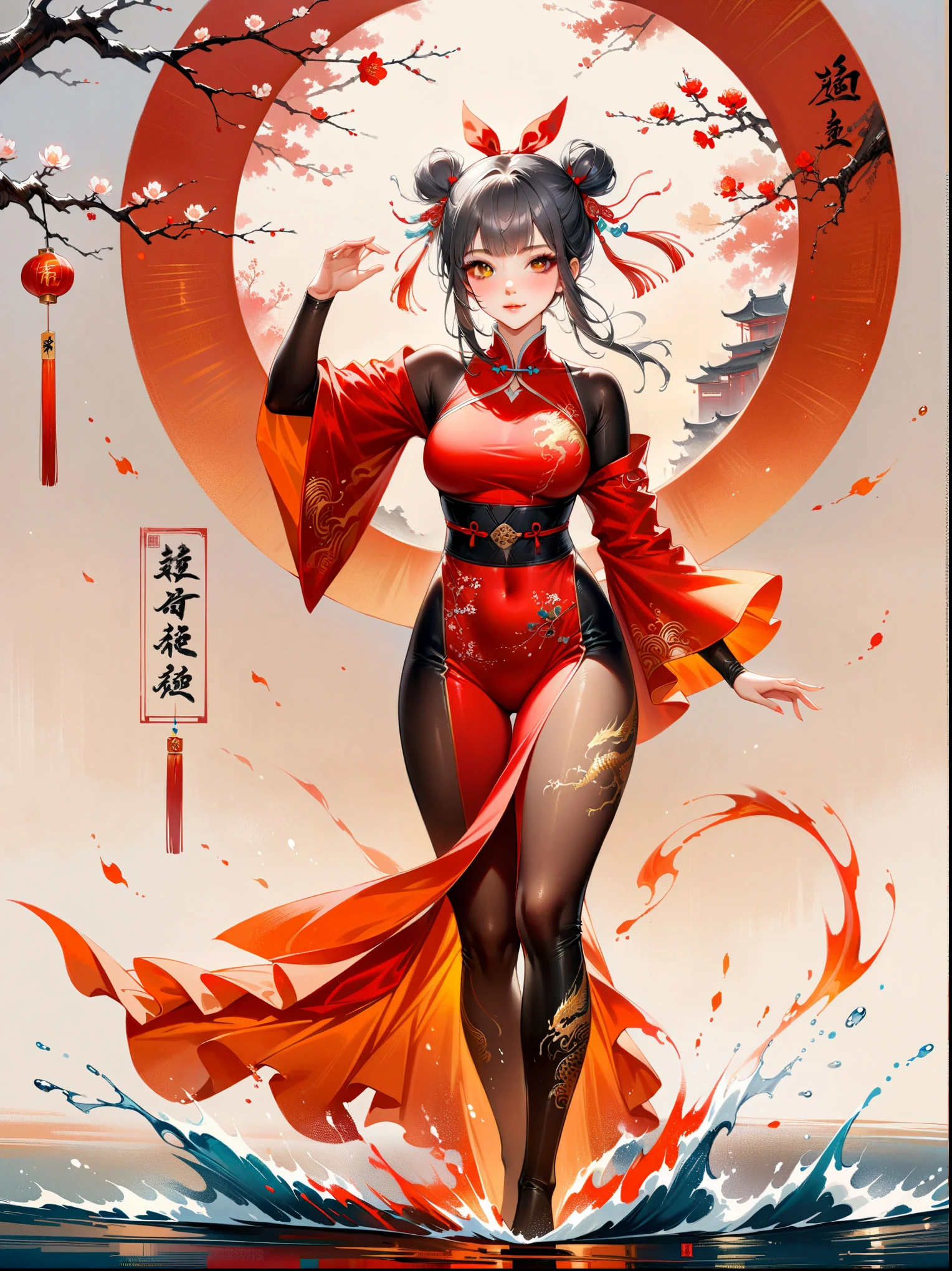 中国风大师work,lifelike,shining,Chinese traditional ink painting, willow branch, Wu Changshuo, ((masterpiece)), best quality, illustration, A Chinese girl is practicing Tai Chi, wearing a training suit with a background of Tai Chi diagram, water, fire, qi, and flowing movements. Her whole body is depicted in a Chinese style, with rich details, immortal energy, and Jojo's wonderful adventure style, in clothes, silver hair, hair bun, hair ribbon, blank eyes, light smile, god rays, UHD, masterpiece, ccurate, anatomically correct, textured skin, super detail, high details, best quality, 8k, award winning,work,Dazzling colors,Stunning visual effects,otherworldly appearance,charming art
