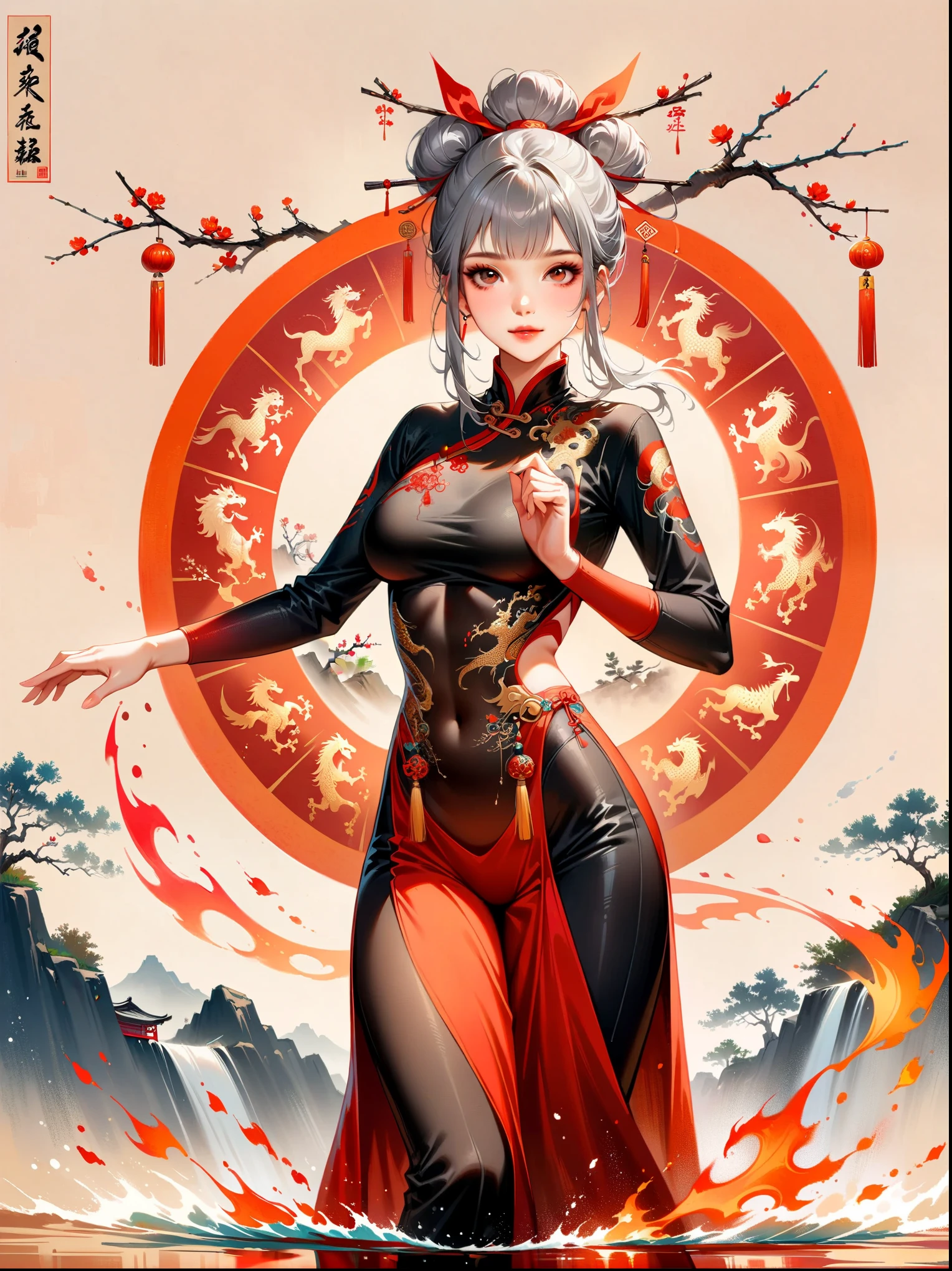 中国风大师work,lifelike,shining,Chinese traditional ink painting, willow branch, Wu Changshuo, ((masterpiece)), best quality, illustration, A Chinese girl is practicing Tai Chi, wearing a training suit with a background of Tai Chi diagram, water, fire, qi, and flowing movements. Her whole body is depicted in a Chinese style, with rich details, immortal energy, and Jojo's wonderful adventure style, in clothes, silver hair, hair bun, hair ribbon, blank eyes, light smile, god rays, UHD, masterpiece, ccurate, anatomically correct, textured skin, super detail, high details, best quality, 8k, award winning,work,Dazzling colors,Stunning visual effects,otherworldly appearance,charming art