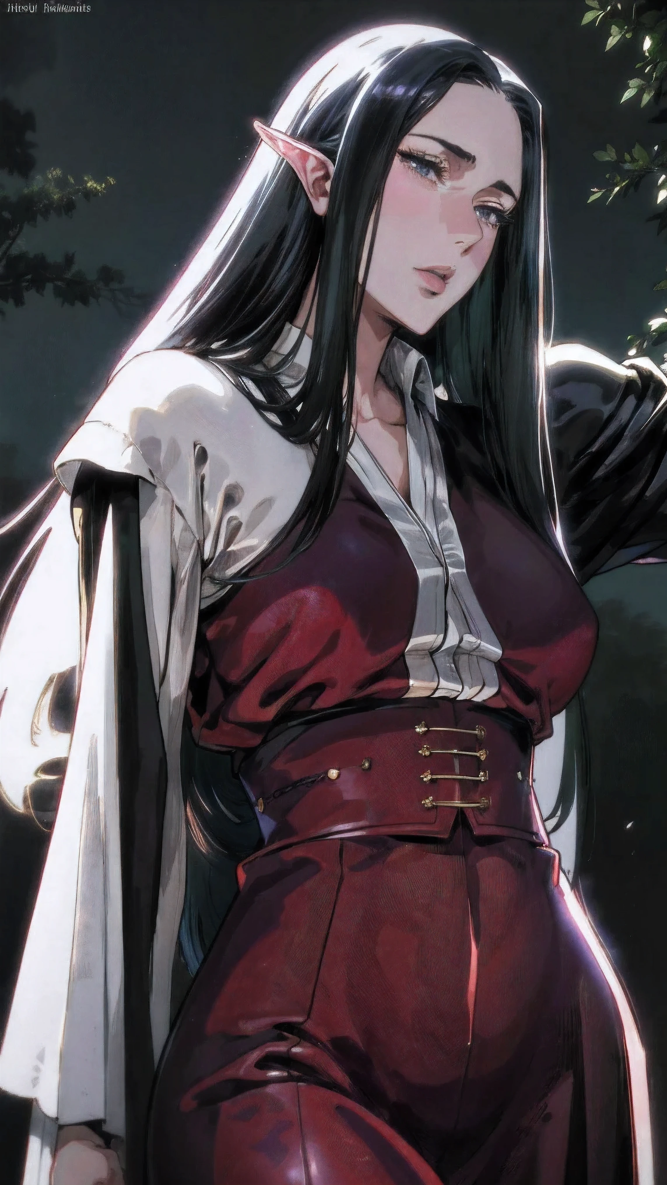 solo, (sophisticated renaissance dress:1.0), ((masterpiece)),((high resolution)),((best quality)), extremely fine and beautiful, super fine illustration, (realistic skin), (insanely detailed anime eyes), vivid and beautiful, shocking sensation, incredibly detailed, beautiful detailed girl, supple breasts, front view, facing at viewer, black hair, (elf), medium long elf ears, (see-through:0.5), covered, ((black hair)), (very long hair), profile, small plump breasts, plump thighs, wide hips, movie lighting, perfect shadow, realistic lighting shaded