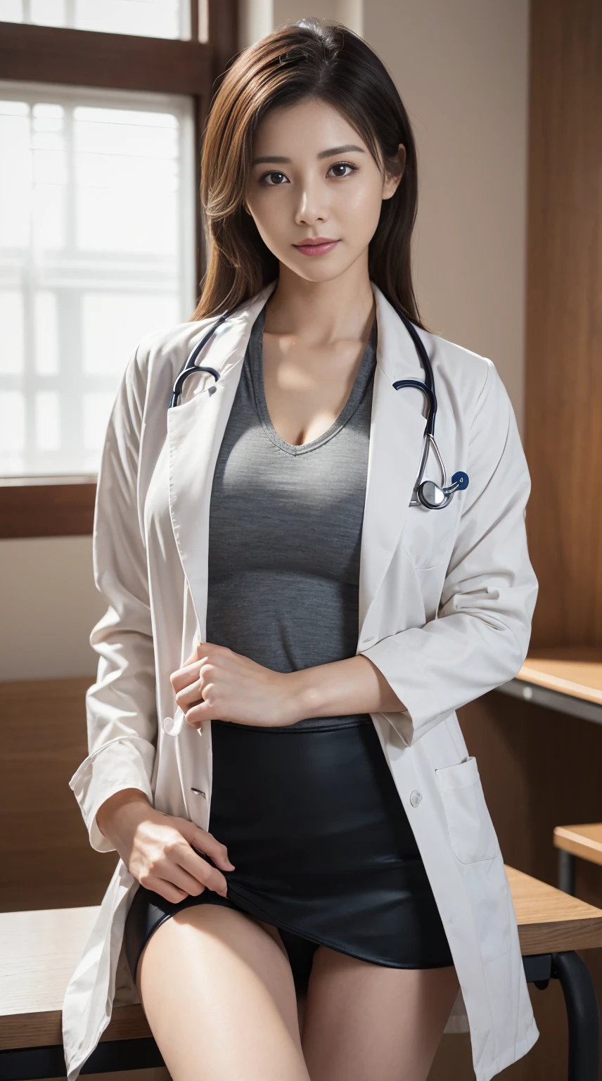 Photorealistic beautiful doctor、amazingly beautiful、doctor'Under her white coat is sexy red underwear, collared shirt、(highest quality、8K、32k、masterpiece、nfsw:1.3)、ultra high resolution,(Photoreal:1.4),Raw photo, detailed face,,beautiful hair, ((doctor style)), , black tight skirt、 natural makeup,, big and full breasts、Inside the hospital, detailed background, perfect lighting, Depth of written boundary, beautiful shadow gradation,Stethoscope ,NSFW、Beautiful female doctor、Fall in love、Her underwear is visible、Sit in the examination chair、