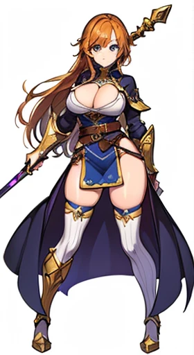 (((Best Quality))) , ((full body)), An adult female, high fantasy outfit, reference sheet, solo, (white background), holding staff or sword, gauntlets, thigh high, belt, blue, orange, green, violet, brown, white, large breasts, cleavage,