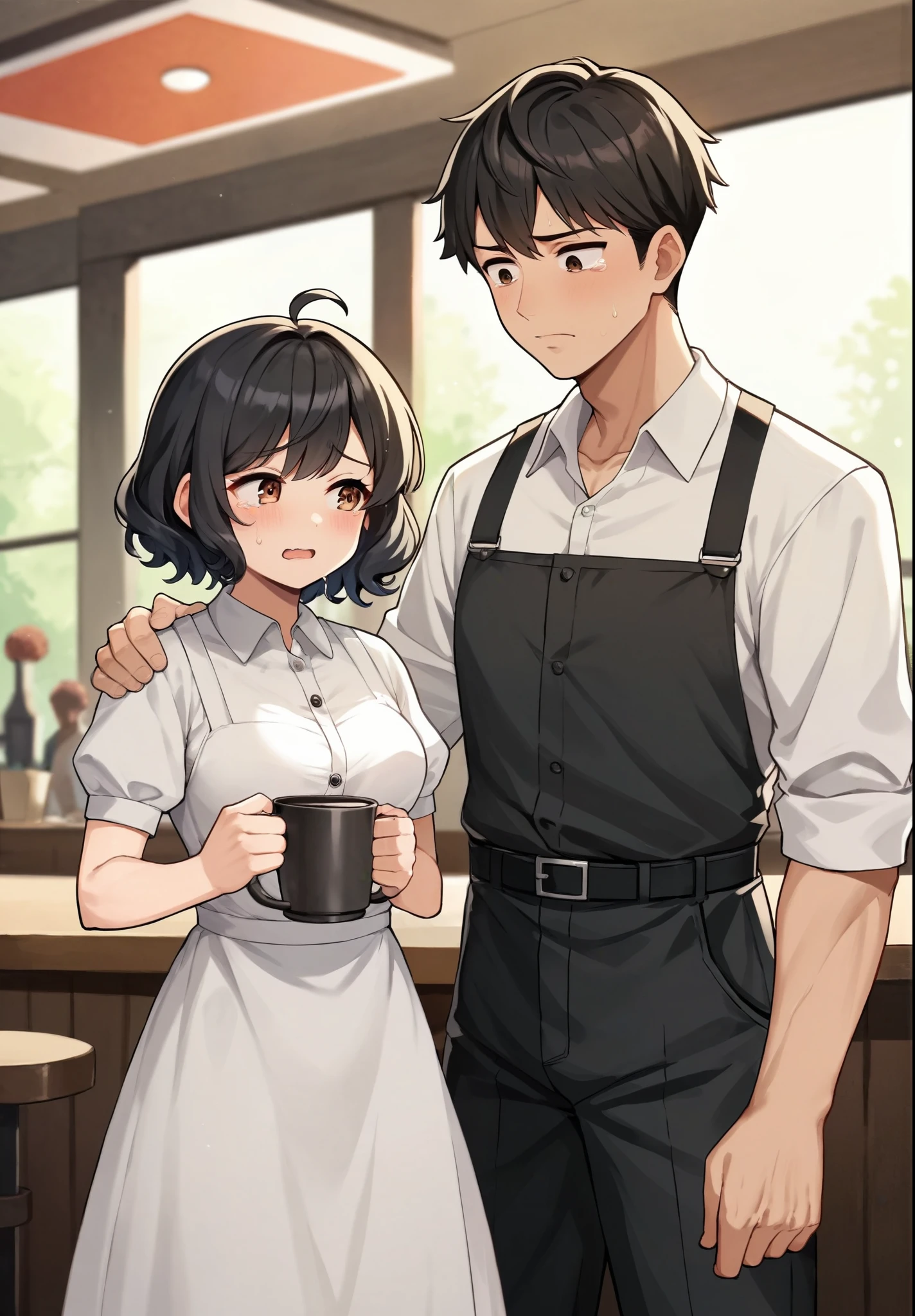 score_9, score_8_up, score_7_up, score_6_up, (score_anime),(Girl and boy),The girl stands with her back_Long_black hair_waitress clothes, cafe background, BREAK, guy hugs girl by the neck_the guy's hands and elbows on the girl's shoulders_((blond short hair guy))_(Curly guy)_The guy is taller than the girl_Brown eyes_((The guy is crying))