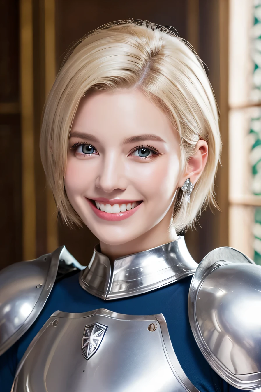 8k、A female knight about to take off her helmet、The background is a room in a castle.、Luxurious Silver Armor、Cape on the back、smile、beautiful teeth、full body photo、hairstyle short cut、ear piercing、white woman、blonde hair、blue eyes、heavy makeup、